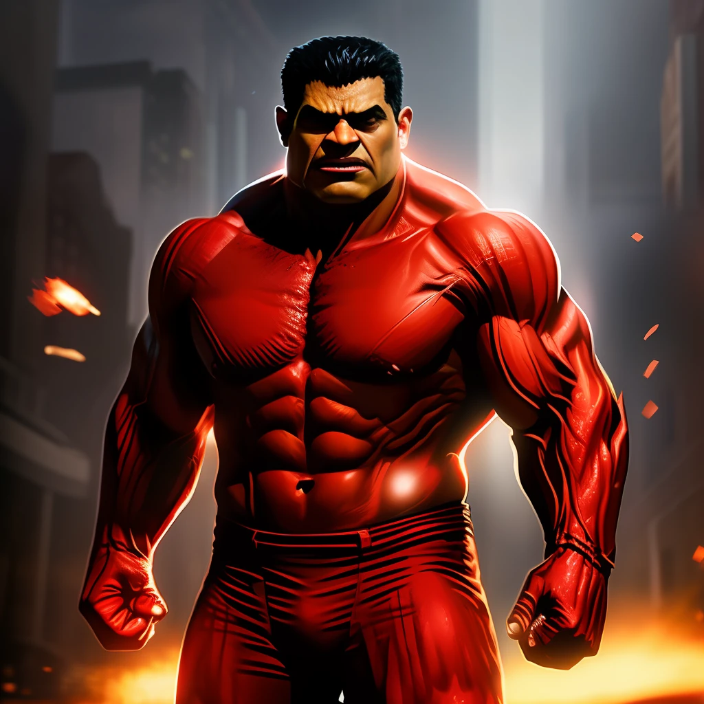 (8k, RAW photo, best quality, masterpiece: 1.2), ultra detailed, official art, photo-realistic: 1.37, top body photo, DC Red Lantern, film grain, Hulk action pose