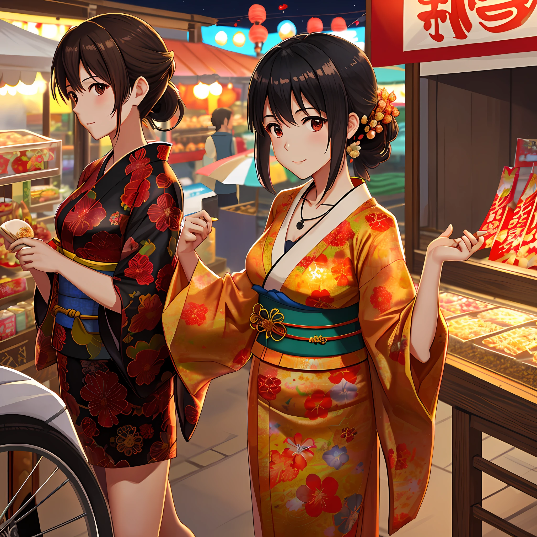 Summer festival, night shop, food stall, Makoto Shinkai, fireworks, yukata, ponytail, brown hair, black hair, 20 years old, 3 women, sexy, super big, chest is visible, heart gold necklace, style outstanding, different hairstyle and face, chest open, kimono oiran style,