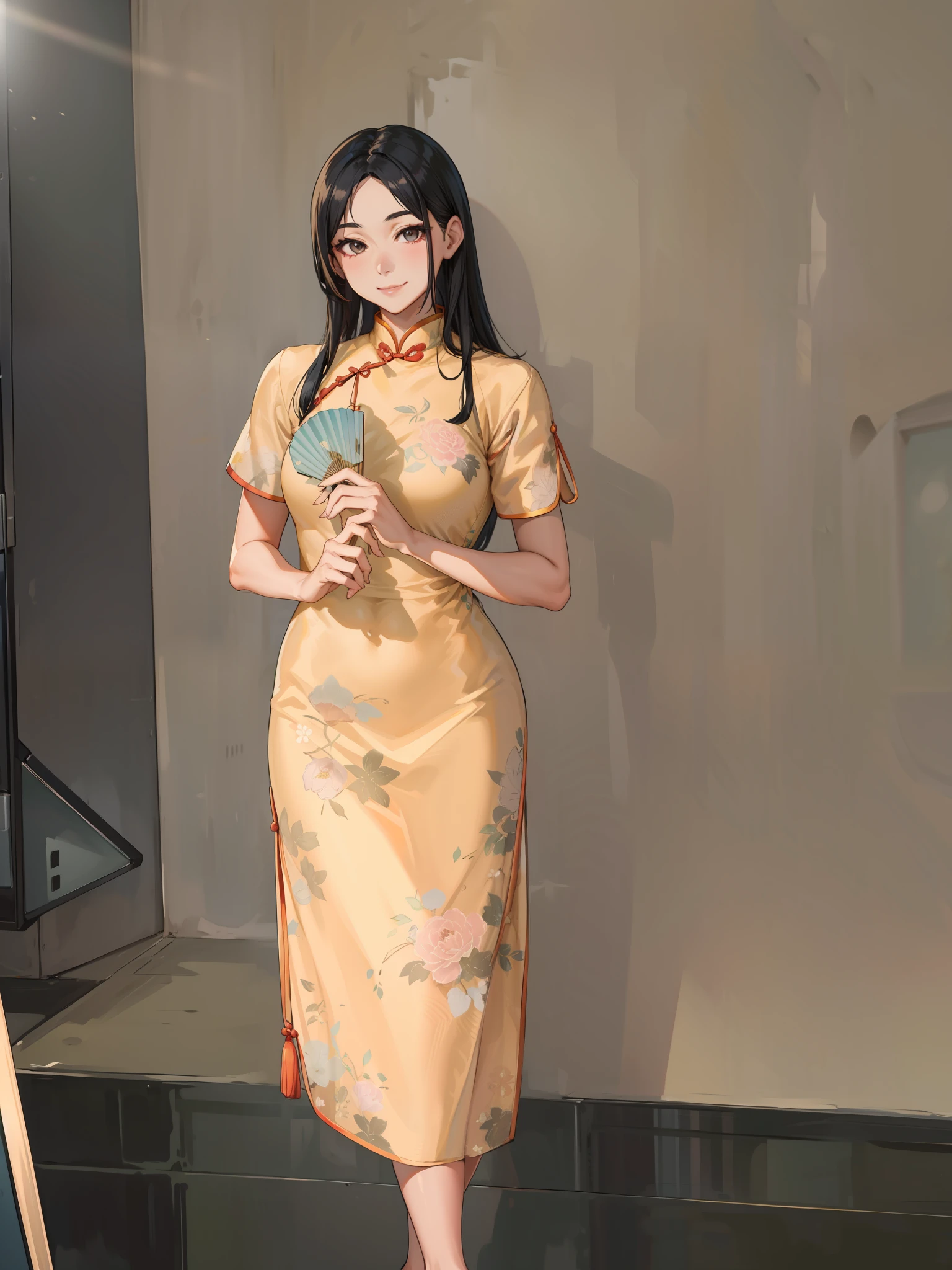 (Best quality: 1.4), anime, solo, a woman in a cheongsam, black hair, smile, beige pattern cheongsam, hand holding a fan, perfect fingers, HD, 8K