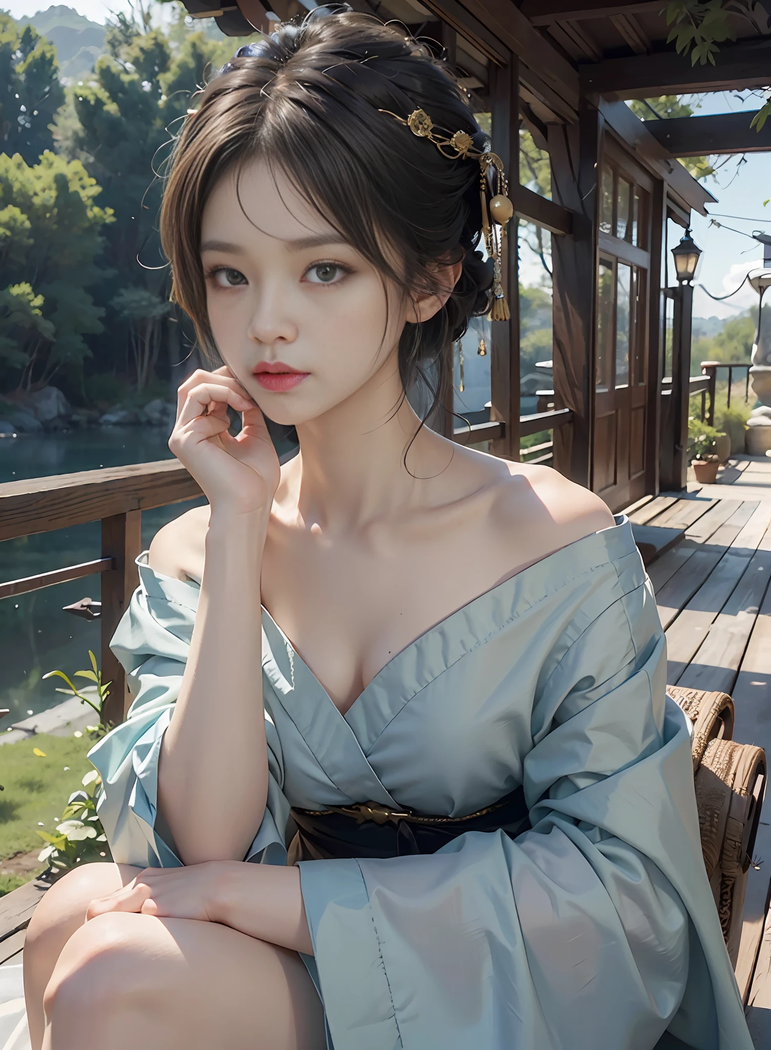 High quality, masterpiece, masterpiece, exquisite facial features, delicate hair, delicate eyes, delicate colored hair, 4K picture quality, brilliant light and shadow, Tyndall effect, halo, messy hair, youthful state, gorgeous scene, exquisite clothes, chains, feathers, big eyes of ancient Chinese beauty very detailed, digital painting, artstation, concept art, clear focus, illustration, (full body 2.0), greg rutkowski and alphonse mucha and victo ngai of art