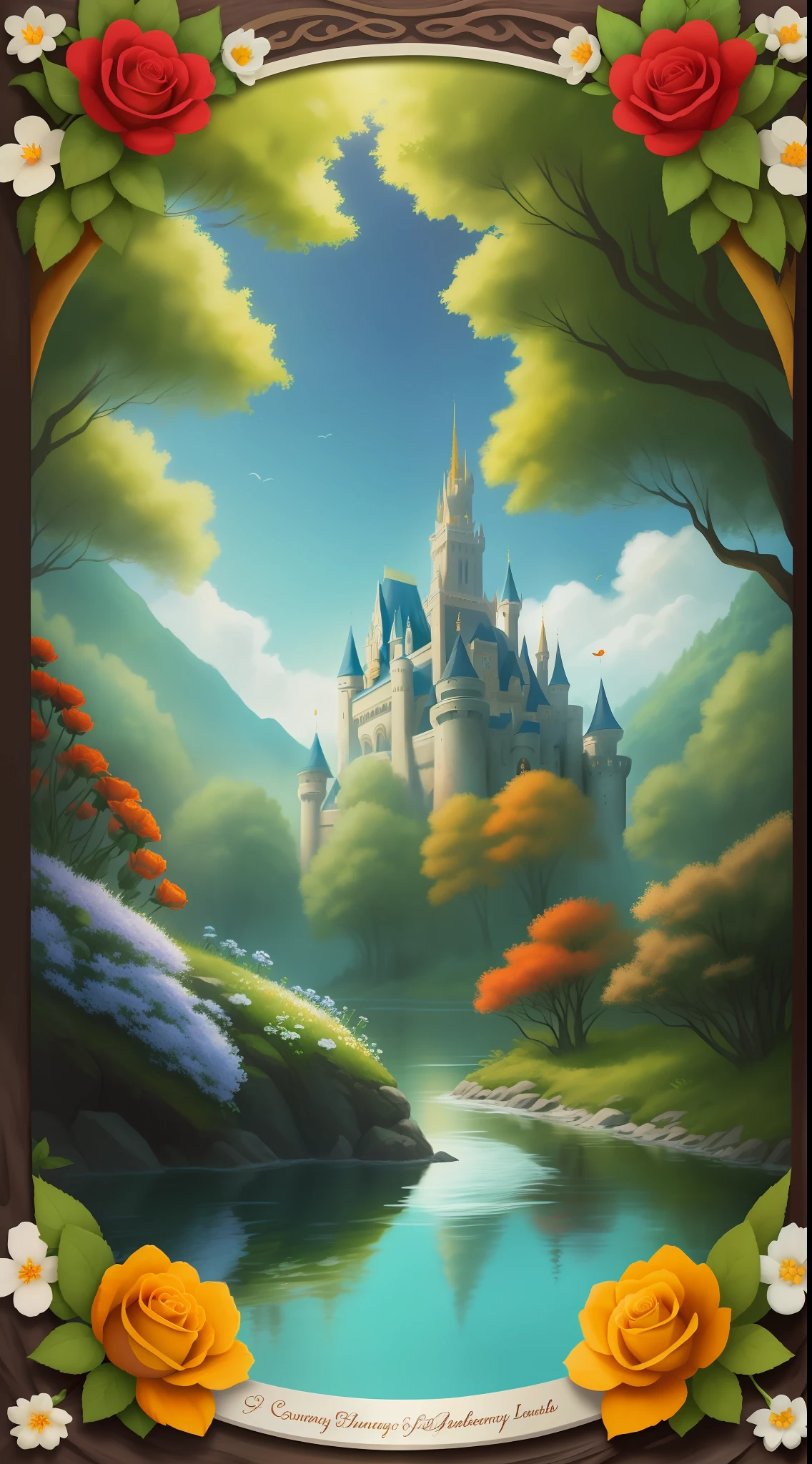 a beautiful middle-aged Disney Princess Snow White wearing a crown in the forest with many beautiful animals near her., Many flowers of various colors. A sunny day. with a river and a fairytale castle in the background. Walt Disney cartoon style masterpiece, multiple angles looking to the camera, big orange and red roses, 3, cuty animals, angry, very scary, angry, satellite image, close-up, from side, super detail