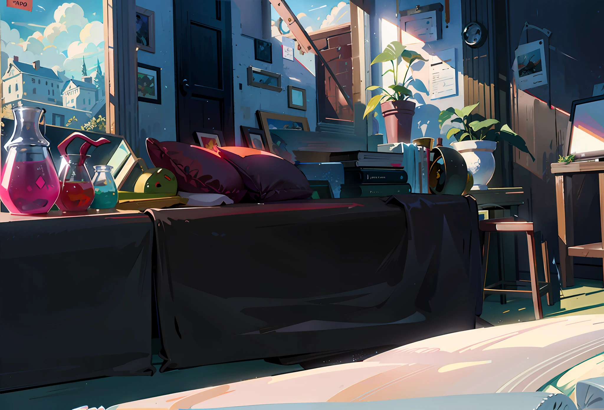 There is a cartoon picture, the bedroom has a bed and a table with not much detail. Digital painting, Atey Ghailan 8 K, inspired by Atey Ghailan, style by Atey Ghailan, keyframe illustration, afternoon lighting, digital painting concept art, painting concept art, drawn in anime painter studio, realistic afternoon lighting, lighting study, cluttered room, colorful liquid packed inside glass bottle