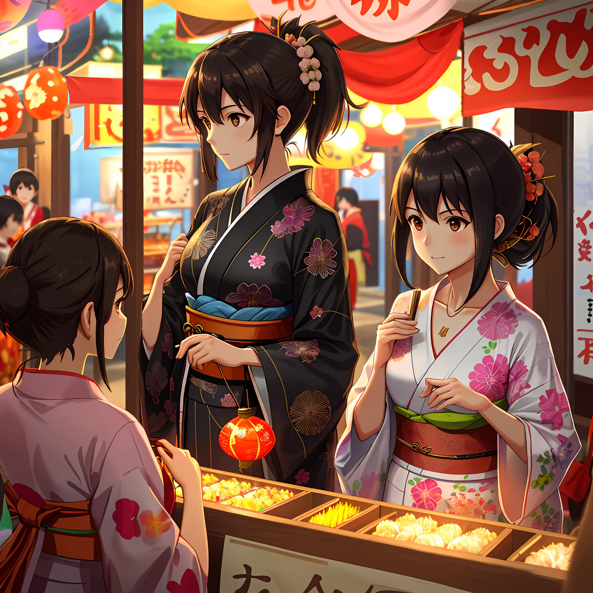 Summer festival, night shop, food stall, Makoto Shinkai, fireworks, yukata, ponytail, brown hair, black hair, 20 years old, 3 women, sexy, super big, chest is visible, heart gold necklace, style outstanding, different hairstyle and face, chest open, kimono oiran style,