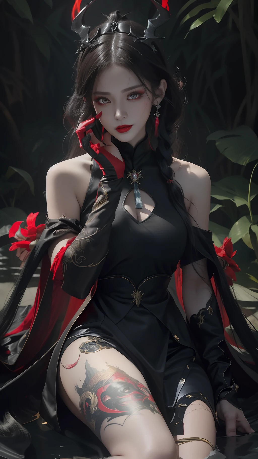 1 beautiful devil woman from hell, In the Dark: 1.6), surreal female portrait by David Hockney and Alphonse Mucha, fantasy art, korea doll, photorealism, dynamic lighting, artstation, poster, volumetric lighting, very detailed faces, 8k ultra, all body, Awarded, in the dark, deep shadow, low key, cowboy lens, (Red phoenix dress: 1.4), long hair, black hair, bust, luxurious palace, Royal style, devil crown, red eyes make up very sharp and detailed, The most beautiful face, big and regular breasts, Super realistic, chinese women's clothing, polo neck sweater, Charming smile, The eyes are very well made up, guweiz, devil style, loong, forehead mark, upper body, 2 bangs braided hair, Red lips, Devil tattoo on shoulder, wearing a thin red and black robe, the landscape is overcast and thunderous, Cover your hands with thin black gloves,
