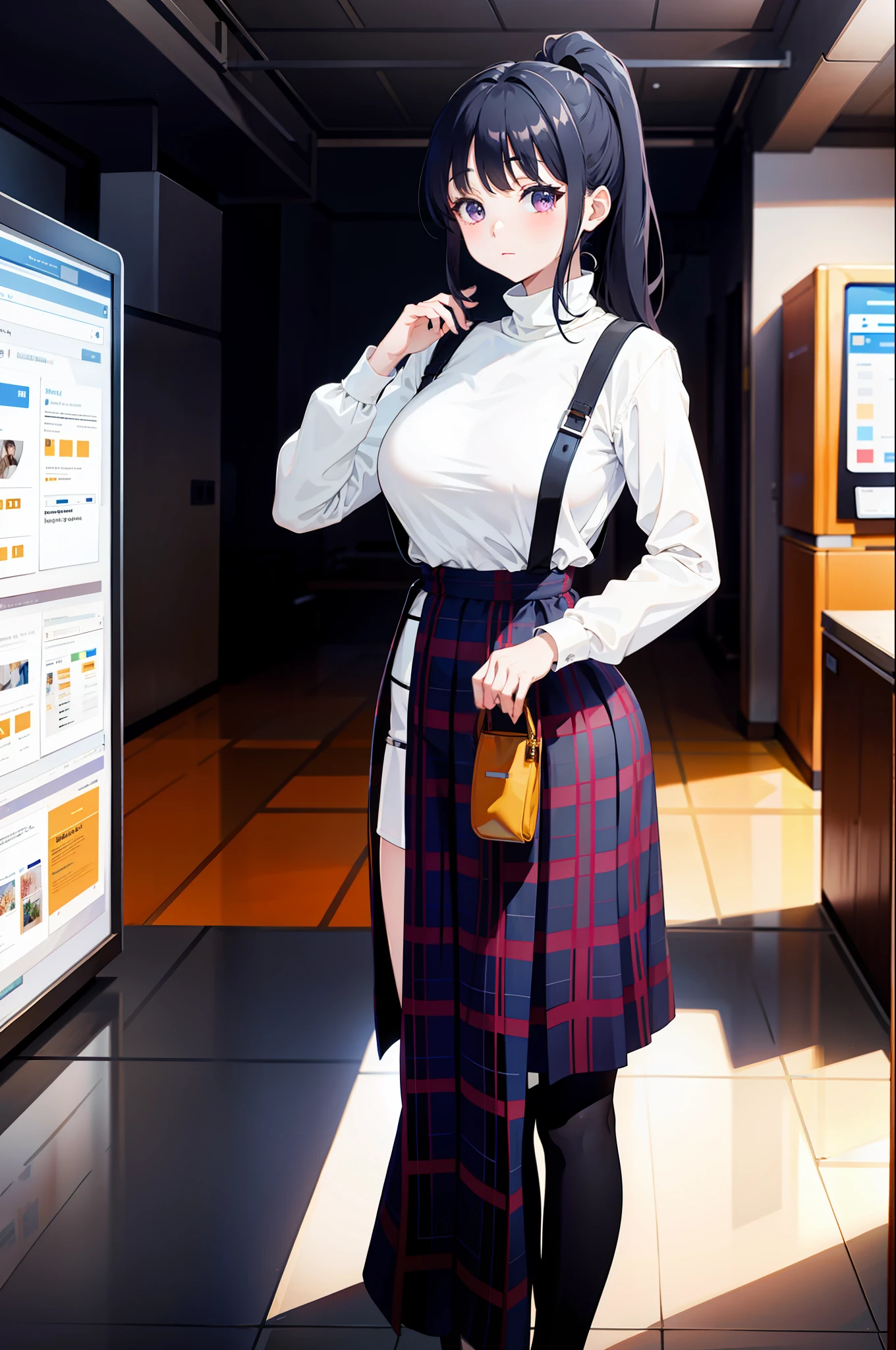 1girl, Yamada Anna, long hair, medium breast,  white turtleneck, plaid dress, checkered skirt, plaid skirt, suspender skirt, ponytail,, (masterpiece), highres, best quality, 8k, very clear, 9:16,