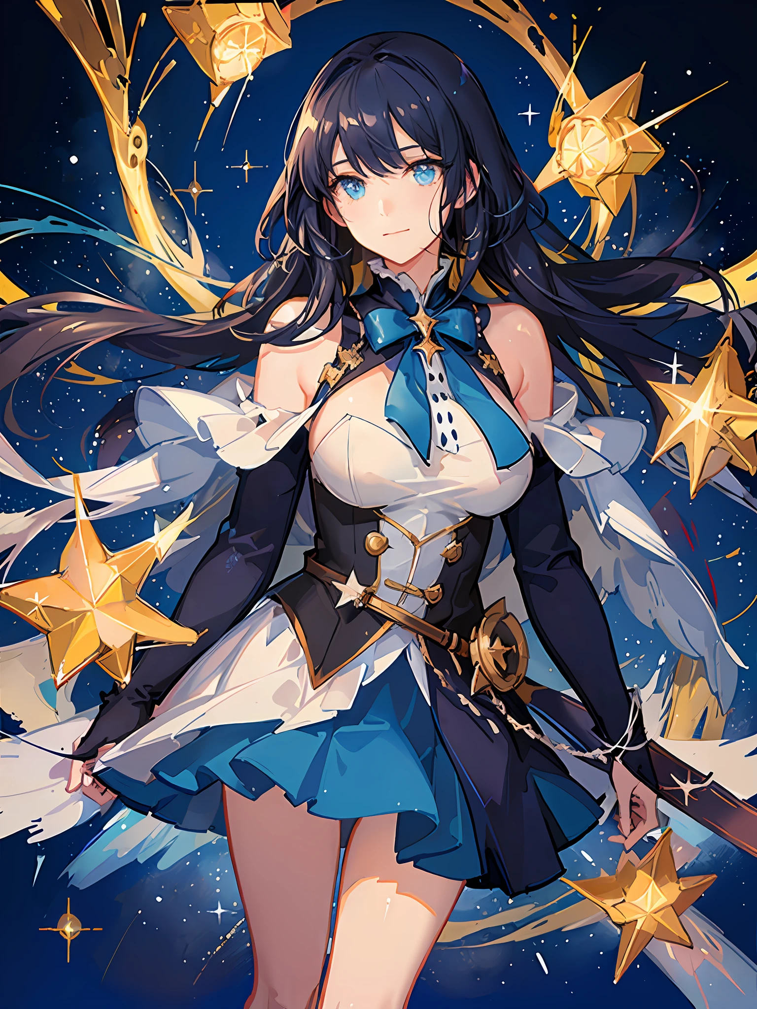 ((magical girl)), ((gorgeous starry sky background)), ((ultra-detailed)), ((best illustration)), ((cinematic lighting)), dynamic angle, floating, finely detailed, (glitter:1.2), (sparkle:1.2), (shine:1.2), classic, (painting:1.1), (sketch:1.1), (best quality), (masterpiece:1.2), (anime style), (solo), beautiful detailed face, (cute face:1.3), (big eyes:1.3), colorful hair, (long hair:1.2), (floating hair:1.2), (magical girl outfit), detailed outfit, (sparkling wand:1.3), (magical effects:1.3), (flowing skirt:1.2), (cute boots:1.1), (transparent fabric:1.1), (twinkle:1.2), (glow:1.2), (radiance:1.2), (flicker:1.2), (dazzle:1.2)