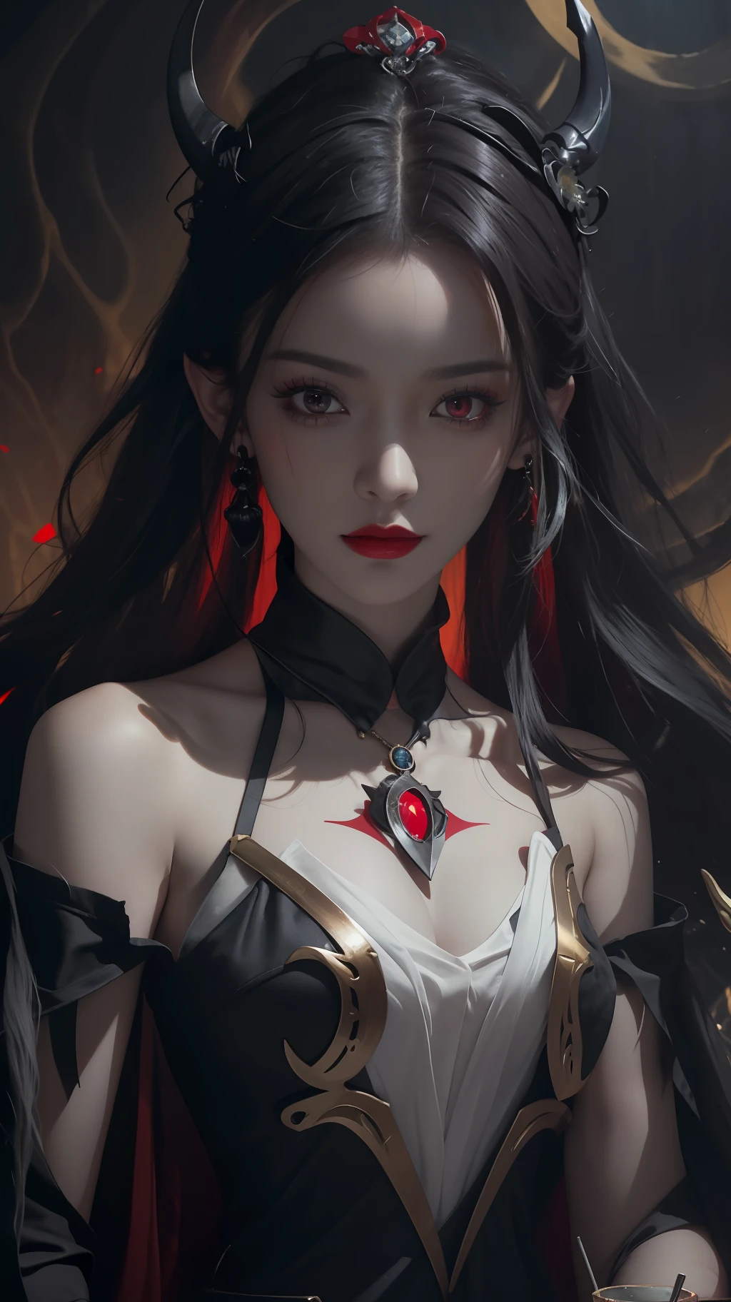 1 beautiful devil woman from hell, In the Dark: 1.6), surreal female portrait by David Hockney and Alphonse Mucha, fantasy art, korea doll, photorealism, dynamic lighting, artstation, poster, volumetric lighting, very detailed faces, 8k ultra, all body, Awarded, in the dark, deep shadow, low key, cowboy lens, (Red phoenix dress: 1.4), long hair, black hair, bust, luxurious palace, Royal style, devil crown, red eyes make up very sharp and detailed, The most beautiful face, big and regular breasts, Super realistic, chinese women's clothing, polo neck sweater, Charming smile, The eyes are very well made up, guweiz, devil style, loong, forehead mark, upper body, 2 bangs braided hair, Red lips, Devil tattoo on shoulder, wearing a thin red and black robe, the landscape is overcast and thunderous, Cover your hands with thin black gloves,