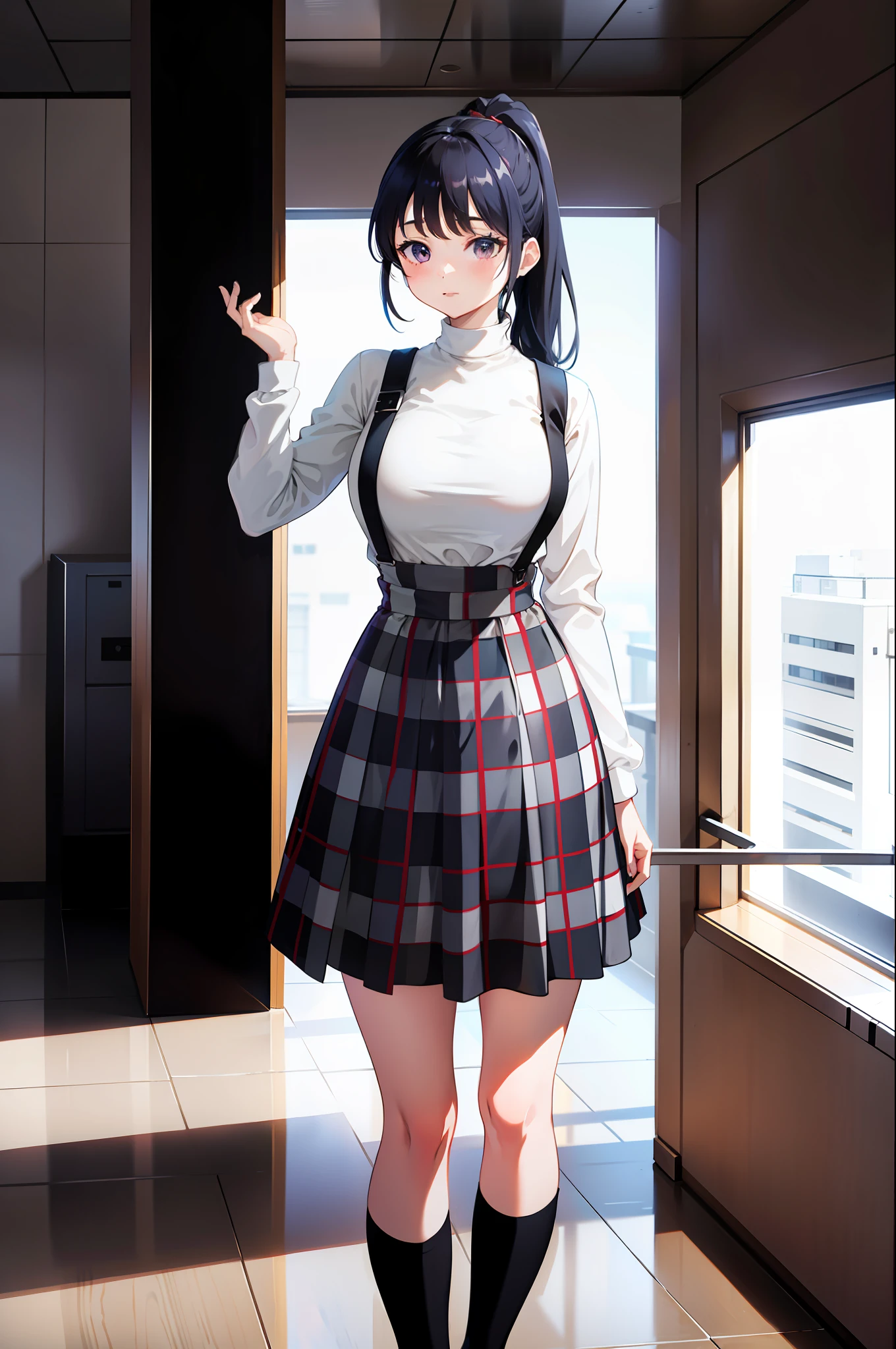 1girl, Yamada Anna, long hair, medium breast, white turtleneck, plaid dress, checkered skirt, plaid skirt, suspender skirt, ponytail,, (masterpiece), highres, best quality, 8k, very clear, 9:16,