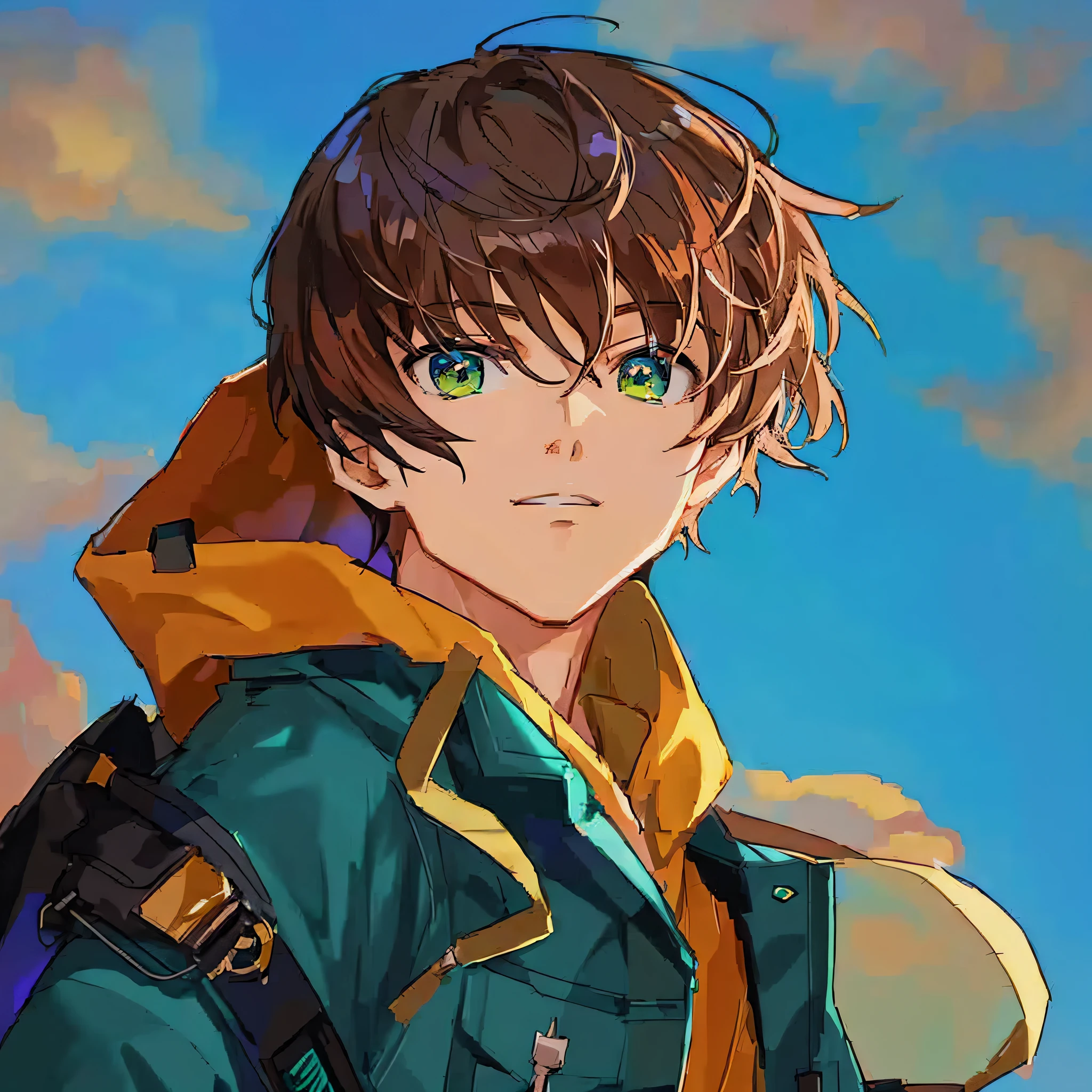 Anime boy with green eyes and yellow jacket, Makoto Shinkai (Apex Legends), anime boy, high quality anime art style, epic anime style, detailed anime character art, anime style characters, studio with anime painter, female anime character, realistic anime art style, young anime person, male anime style, detailed digital anime art, anime style portrait, anime art style