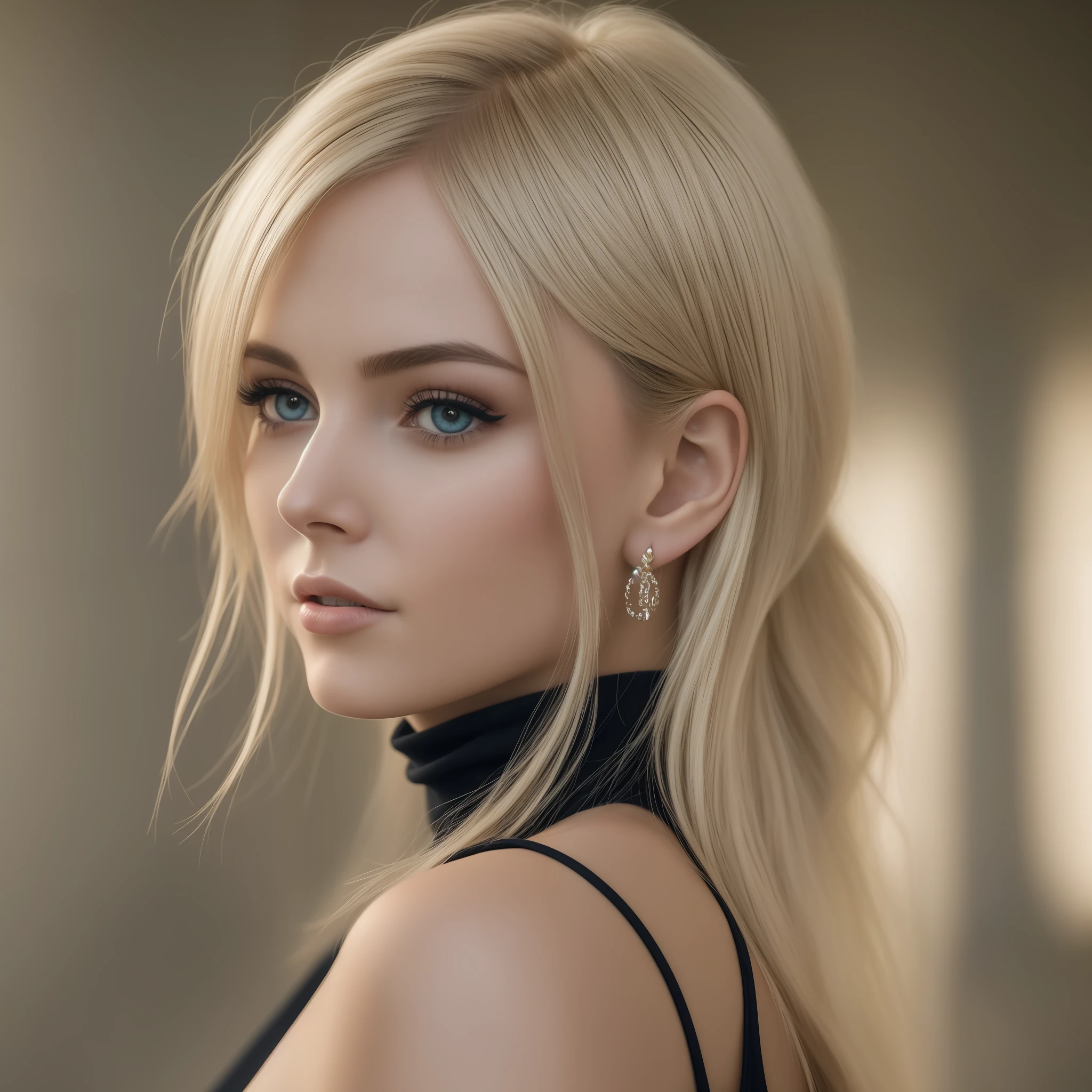 Slender, young, short blonde hair, blue eyes, in town, natural skin texture, 24mm, 4K textures, soft cinematic light, RAW photography, photorealistic, photorealistic, complex, elegant, highly detailed, sharp focus, (((cinematic look))), calm Tone, Insane Detail, Complex Detail, Ultra Detail, High Contrast, Soft Cinematic Light, Dim Colors, Exposure Blending, HDR, Faded, Cold, Waist Thin, Well-Proportioned, (8k, 4k, Top Quality, Hi-Res: 1.1), (Realistic, Photorealistic: 1.1), Girl 1 People, Solo, Face, Twin Tails, Blonde Hair, Bangs, Long Hair, Necklace, Earrings, Lips, Eye Shadow, Jewelry, (Viewer Looking For: 1.8), Spaghetti Straps, Detail, High Contrast, from_side, srfc, stunning complex full color portrait, wearing black turtleneck, spectacular character composition, by Ilya Kubushinov, Alessio Albi, Nina Masic, sharp focus, natural light, sub-surface scatter, f2, 35mm, film grain