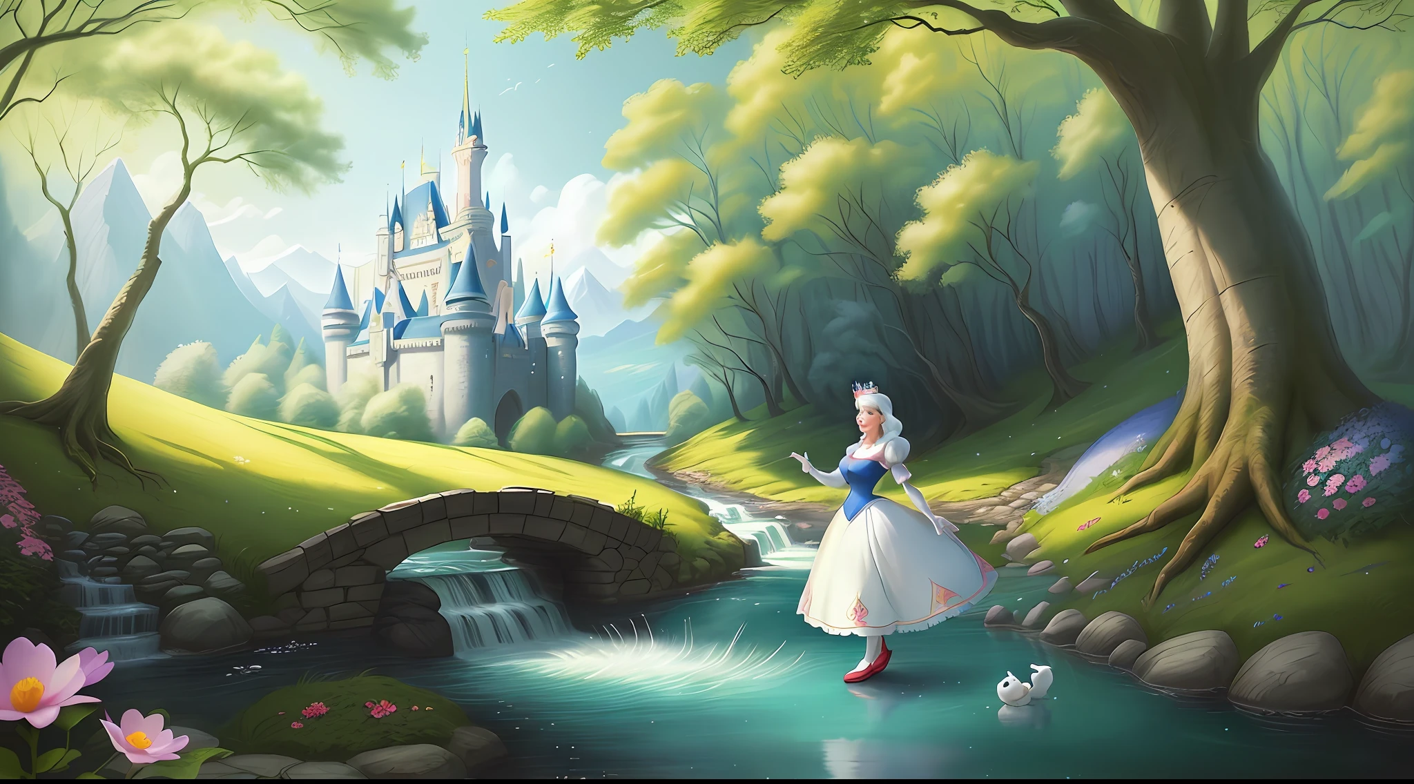 a middle-aged Disney Princess Snow White wearing a crown in the woods with many cute animals near her, dancing first-person view. Many flowers of various colors. A sunny day. with a river and a fairytale castle in the background. Walt Disney cartoon style., nervous, nervous smile, Wide-Angle, f/2.8, Canon, masterpiece