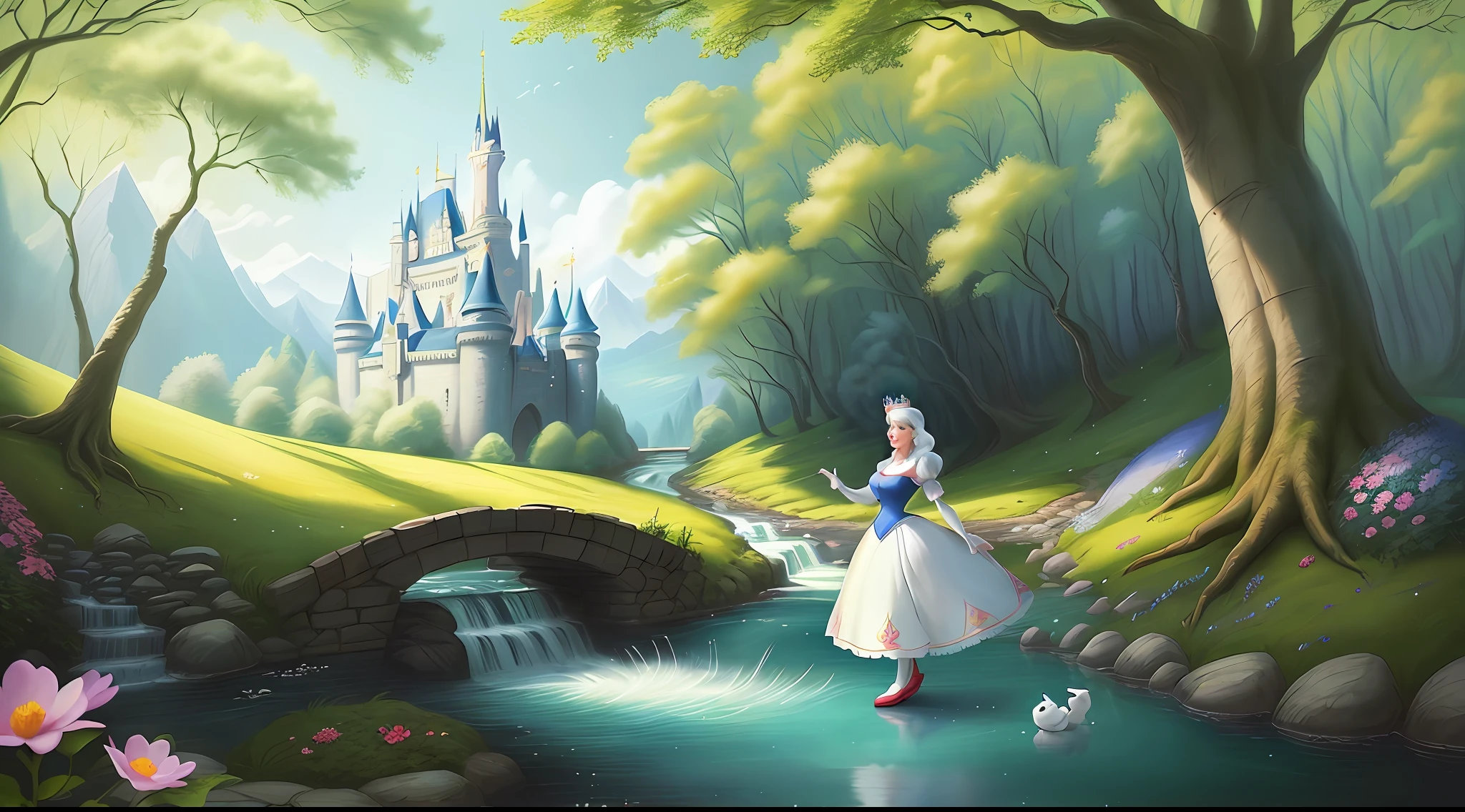 a middle-aged Disney Princess Snow White wearing a crown in the woods with many cute animals near her, dancing first-person view. Many flowers of various colors. A sunny day. with a river and a fairytale castle in the background. Walt Disney cartoon style., nervous, nervous smile, Wide-Angle, f/2.8, Canon, masterpiece
