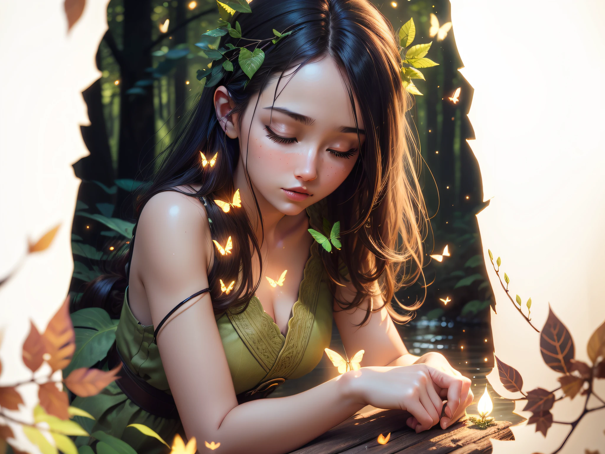 Masterpiece, best quality, (realistic), (fine beautiful eyes and detailed face), cinematic lighting, bust shots, extremely detailed CG Unity 8k wallpaper, solo, 1 girl, eyes closed, forest theme with natural elements. Tall trees, quiet streams, glowing small mushrooms, surrounded by delicate leaves and branches, and fireflies and glowing particle effects, (natural elements), (jungle theme), (leaves), (branches), (fireflies), butterflies, (delicate leaves), (glow), (particle effects). , isometric 3D, Octane rendering, ray tracing, super detailed --auto --s2