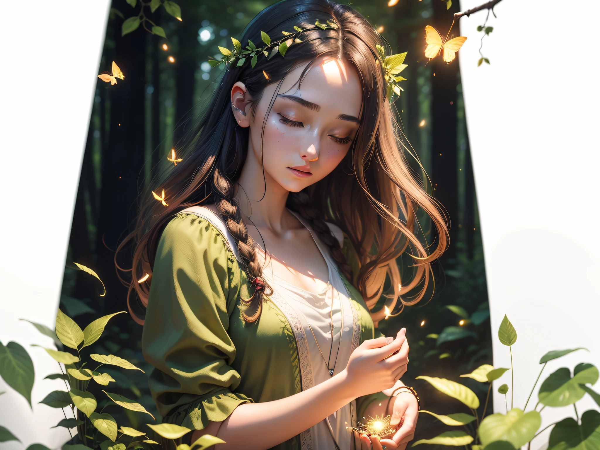 Masterpiece, best quality, (realistic), (fine beautiful eyes and detailed face), cinematic lighting, bust shots, extremely detailed CG Unity 8k wallpaper, solo, 1 girl, eyes closed, forest theme with natural elements. Tall trees, quiet streams, glowing small mushrooms, surrounded by delicate leaves and branches, and fireflies and glowing particle effects, (natural elements), (jungle theme), (leaves), (branches), (fireflies), butterflies, (delicate leaves), (glow), (particle effects). , isometric 3D, Octane rendering, ray tracing, super detailed --auto --s2