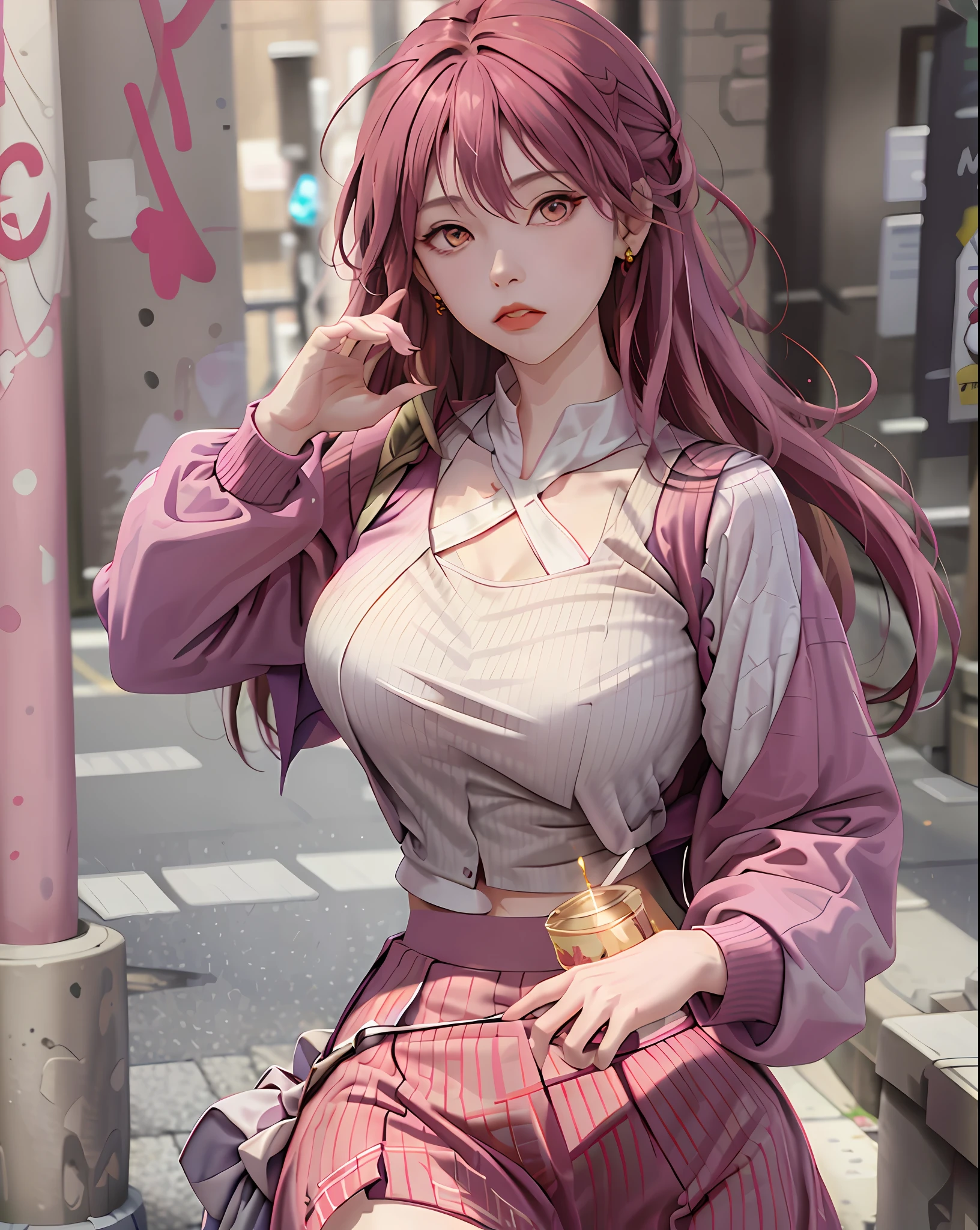 (masterpiece, best quality, 1girl, solo, intricate details, chromatic aberration), realistic, ((medium breath)),long hair, pink hair, red head ornament, pink highlights, hair over one eye,purple eyes, earrings, sharp eyes, choker, neon shirt, open jacket, crop turtleneck sweater,open waist,(perfect symmetrical body),against wall, brick wall, graffiti, dim lighting, alley ,look at viewer