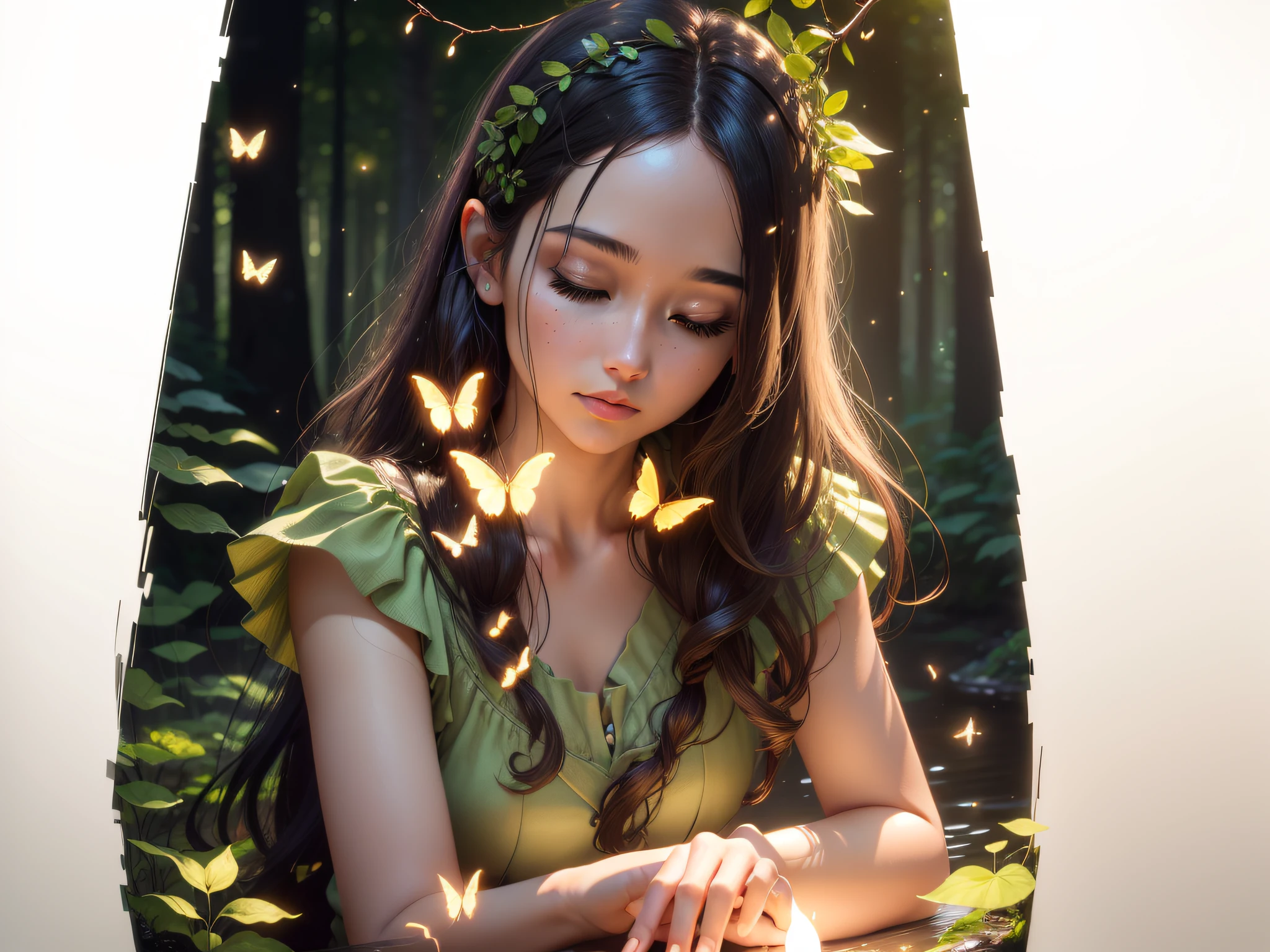 Masterpiece, best quality, (realistic), (fine beautiful eyes and detailed face), cinematic lighting, bust shots, extremely detailed CG Unity 8k wallpaper, solo, 1 girl, eyes closed, forest theme with natural elements. Tall trees, quiet streams, glowing small mushrooms, surrounded by delicate leaves and branches, and fireflies and glowing particle effects, (natural elements), (jungle theme), (leaves), (branches), (fireflies), butterflies, (delicate leaves), (glow), (particle effects). , isometric 3D, Octane rendering, ray tracing, super detailed --auto --s2