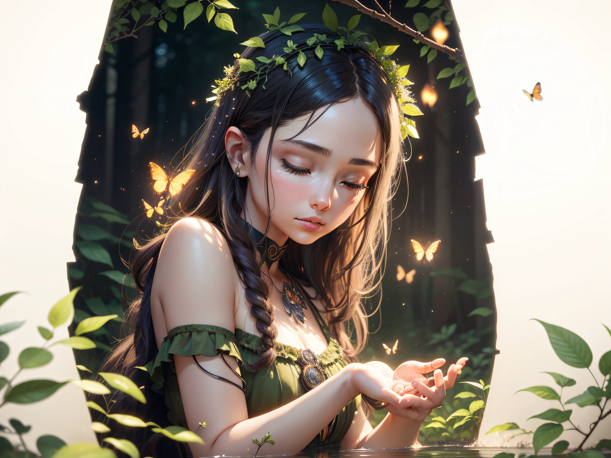 Masterpiece, best quality, (realistic), (fine beautiful eyes and detailed face), cinematic lighting, bust shots, extremely detailed CG Unity 8k wallpaper, solo, 1 girl, eyes closed, forest theme with natural elements. Tall trees, quiet streams, glowing small mushrooms, surrounded by delicate leaves and branches, and fireflies and glowing particle effects, (natural elements), (jungle theme), (leaves), (branches), (fireflies), butterflies, (delicate leaves), (glow), (particle effects). , isometric 3D, Octane rendering, ray tracing, super detailed --auto --s2