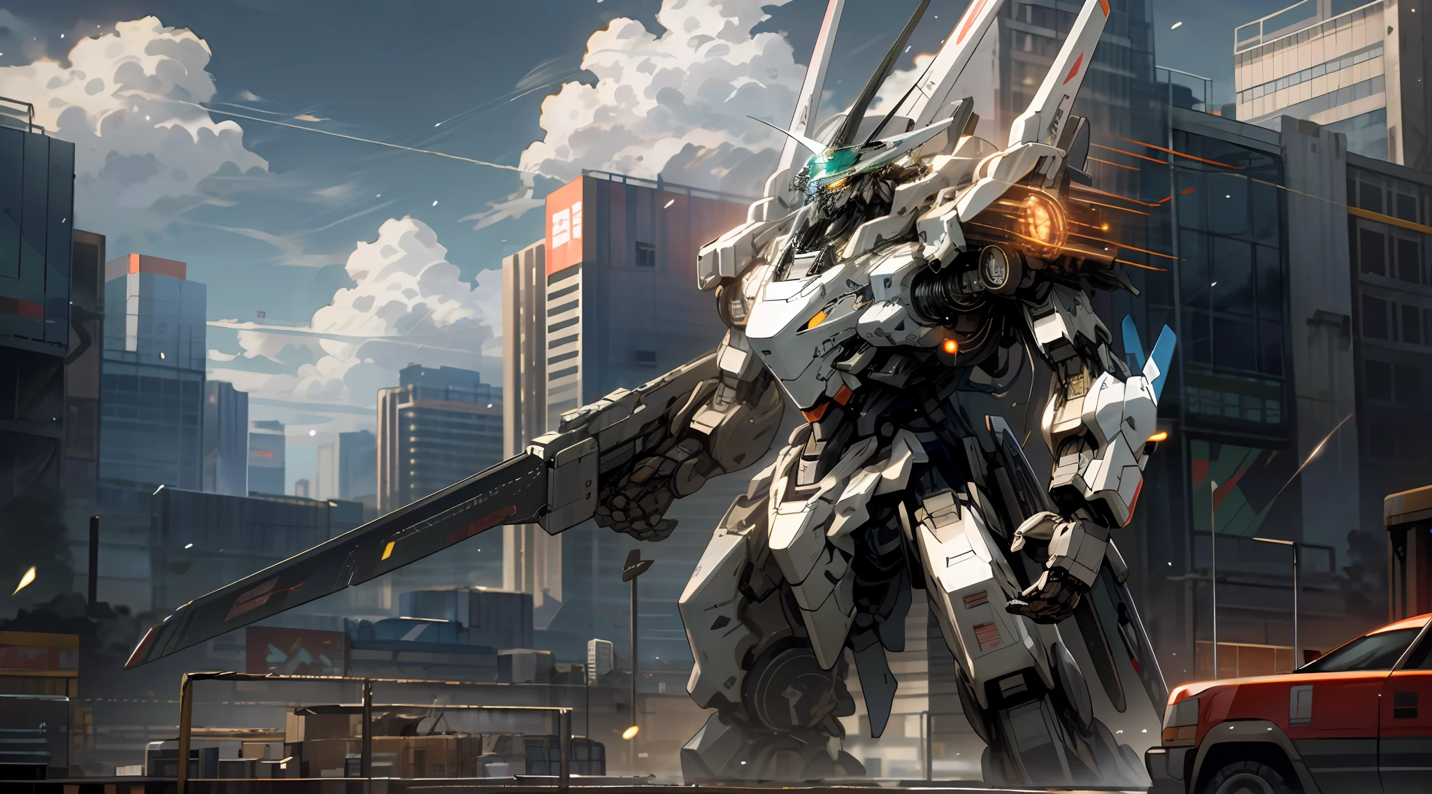 Sky, Clouds, holding_weapon, no_humans, Glow, Robot, Architecture, glowing_eyes, Mecha, Science Fiction, City, Reality, Mecha, Hyperreal, Glow, Masterpiece