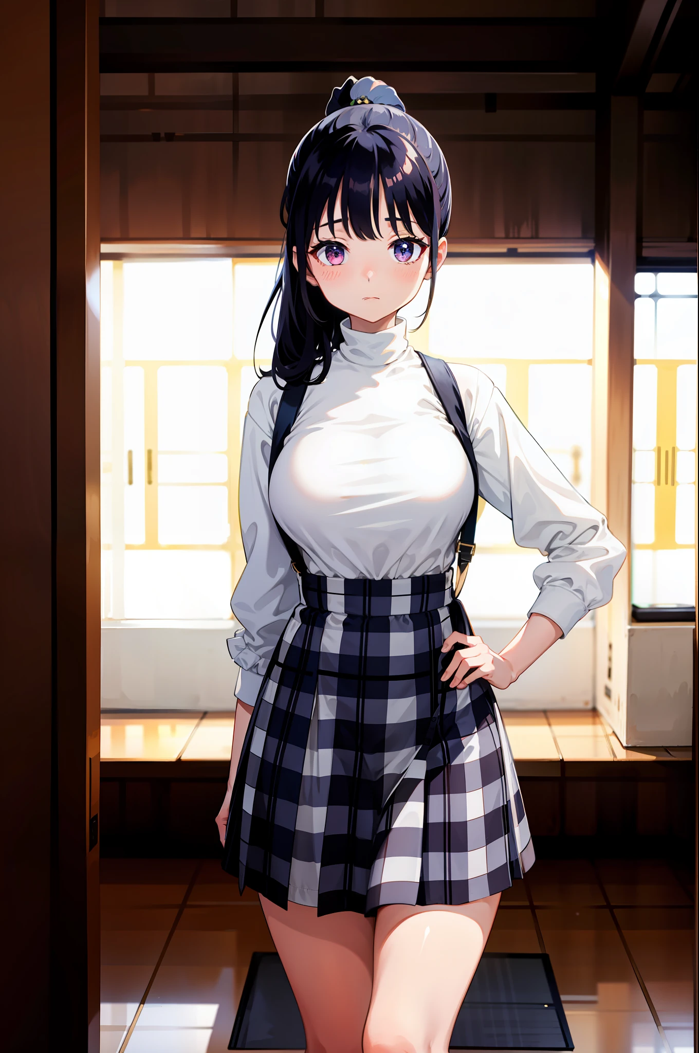 1girl, Yamada Anna, long hair, medium breast, white turtleneck, plaid dress, checkered skirt, plaid skirt, suspender skirt, ponytail,, (masterpiece), highres, best quality, 8k, very clear, 9:16,