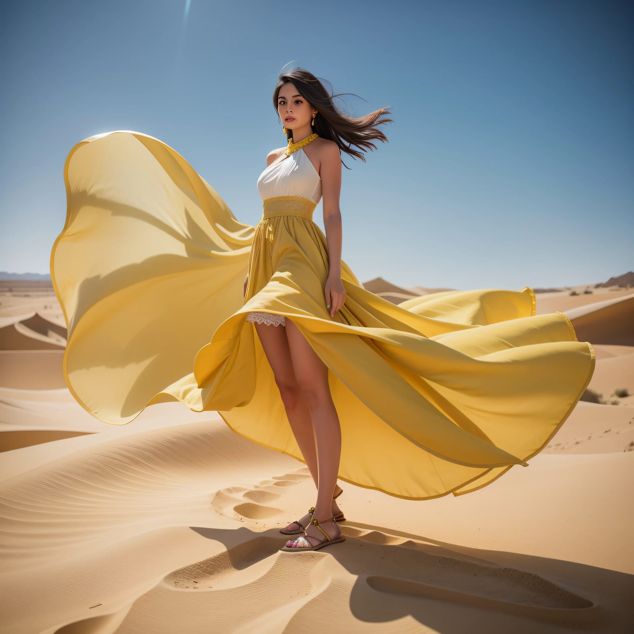 araffe woman in yellow dress standing in desert with yellow shaw, dressed in long fluent skirt, wearing a flowing dress, lady using yellow dress, flowing dress, desert wind, in desert, flowing gown, standing in the desert, with yellow cloths, editorial fashion photography, standing in sand, standing in desert, high - end fashion photoshoot, beautiful yellow woman