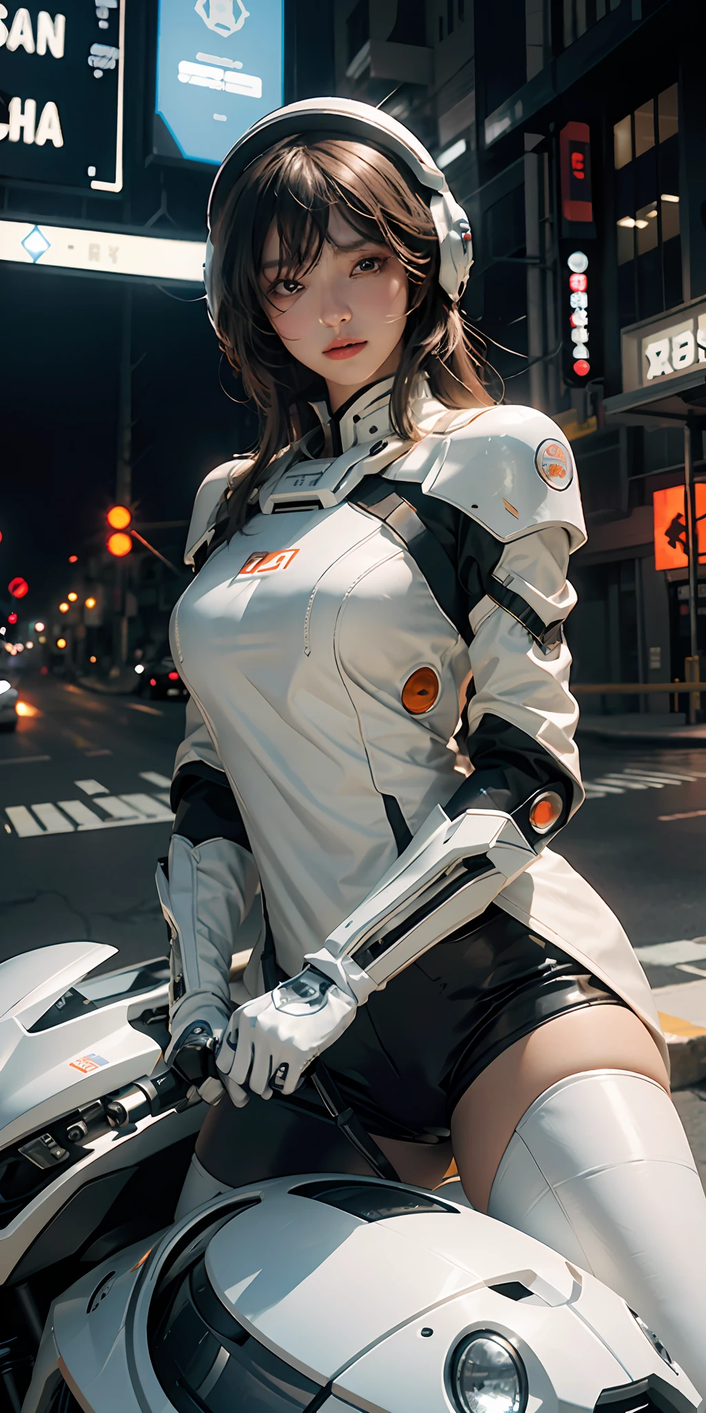 Highest image quality, outstanding detail, super high resolution, (realism: 1.4), the best illustration, favor details, highly condensed 1girl, with a delicate and beautiful face, wearing a white mecha, wearing a mecha helmet, holding a direction controller, riding on an orange motorcycle, the background is a high-tech lighting city highway scene of the future city.