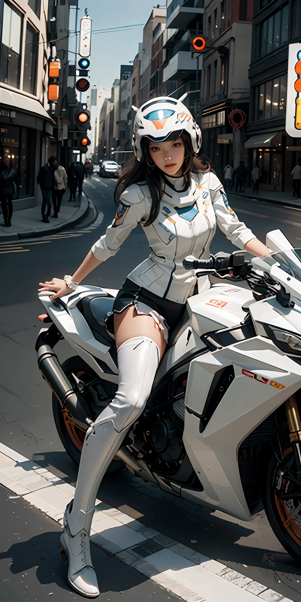 Highest image quality, outstanding detail, super high resolution, (realism: 1.4), the best illustration, favor details, highly condensed 1girl, with a delicate and beautiful face, wearing a white mecha, wearing a mecha helmet, holding a direction controller, riding on an orange motorcycle, the background is a high-tech lighting city highway scene of the future city.