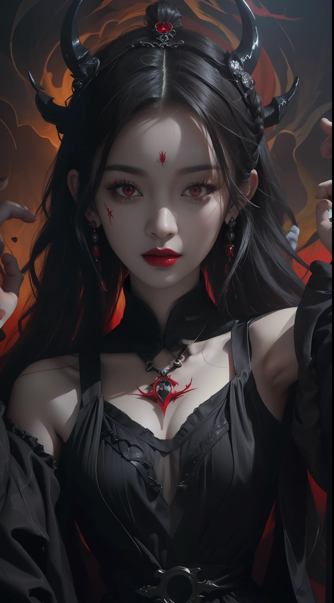 1 beautiful devil woman from hell, In the Dark: 1.6), surreal female portrait by David Hockney and Alphonse Mucha, fantasy art, korea doll, photorealism, dynamic lighting, artstation, poster, volumetric lighting, very detailed faces, 8k ultra, all body, Awarded, in the dark, deep shadow, low key, cowboy lens, (Red phoenix dress: 1.4), long hair, black hair, bust, luxurious palace, Royal style, devil crown, red eyes make up very sharp and detailed, The most beautiful face, big and regular breasts, Super realistic, chinese women's clothing, polo neck sweater, Charming smile, The eyes are very well made up, guweiz, devil style, loong, forehead mark, upper body, 2 bangs braided hair, Red lips, Devil tattoo on shoulder, wearing a thin red and black robe, the landscape is overcast and thunderous, Cover your hands with thin black gloves,