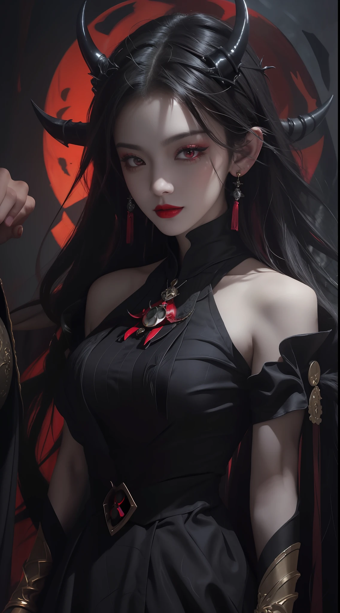 1 beautiful devil woman from hell, In the Dark: 1.6), surreal female portrait by David Hockney and Alphonse Mucha, fantasy art, korea doll, photorealism, dynamic lighting, artstation, poster, volumetric lighting, very detailed faces, 8k ultra, all body, Awarded, in the dark, deep shadow, low key, cowboy lens, (Red phoenix dress: 1.4), long hair, black hair, bust, luxurious palace, Royal style, devil  crown, red eyes make up very sharp and detailed, The most beautiful face, big and regular breasts, Super realistic, chinese women's clothing, polo neck sweater, Charming smile, The eyes are very well made up, guweiz, devil style, loong, forehead mark, upper body, 2 bangs braided hair, Red lips, Devil tattoo on shoulder, wearing a thin red and black robe, the landscape is overcast and thunderous, Cover your hands with thin black gloves,