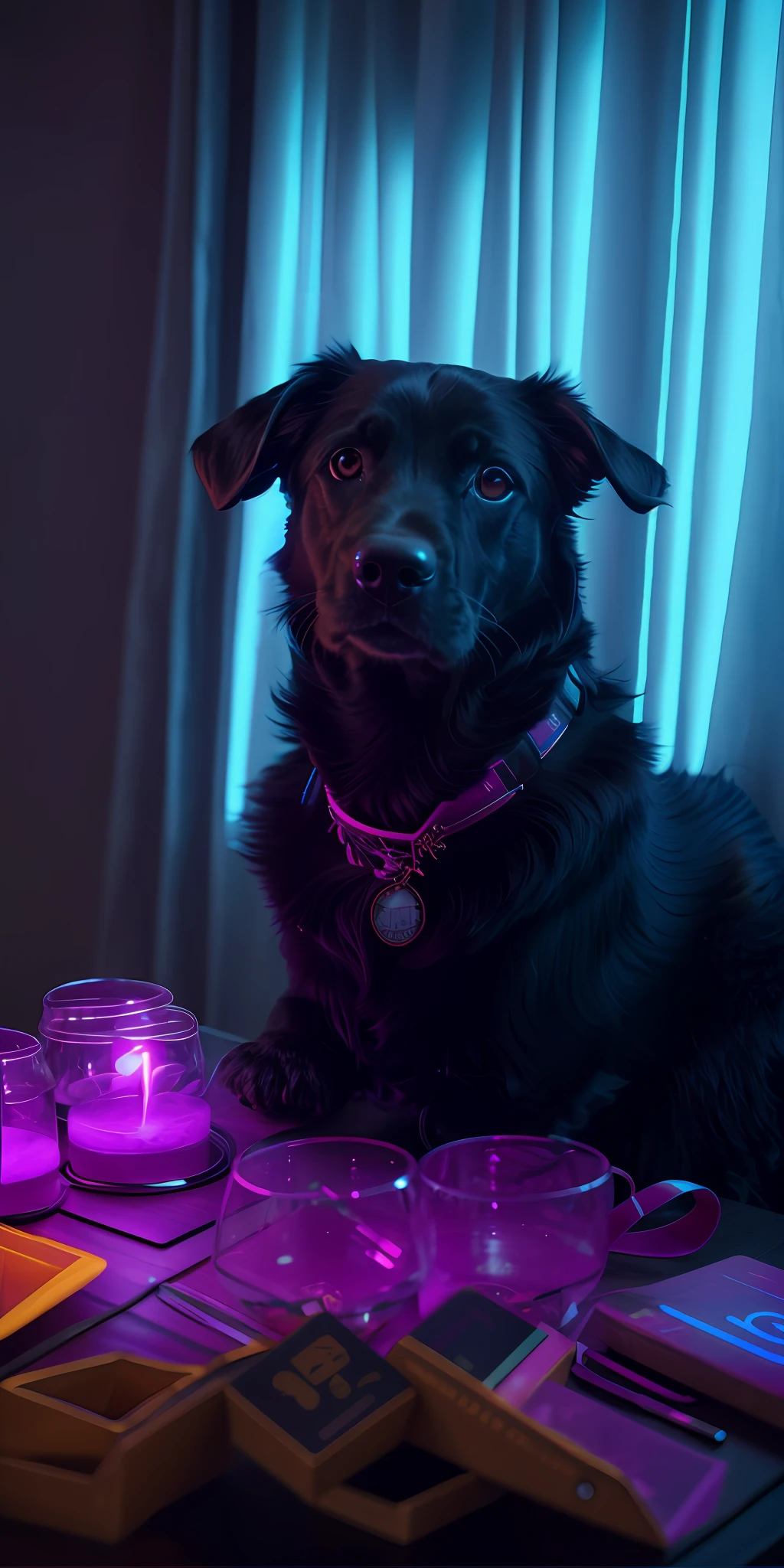 A small, furry black dog, Brown eyes, pink and cyan neon lights, a lot of smoke, wooden table, 8k, ultra quality, ultra definition, realistic realism