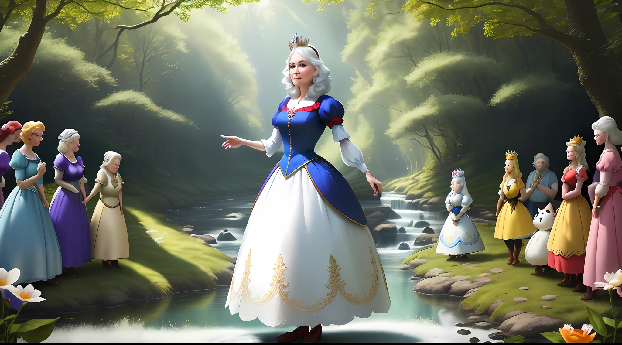 a middle-aged Disney Princess Snow White wearing a crown in the woods with many cute animals near her, dancing first-person view. Many flowers of various colors. A sunny day. with a river and a fairytale castle in the background. Walt Disney cartoon style masterpiece, white hair, blonde hair, Eye-Level Shot, Ultra-Wide Angle, macro photo, f/16, 135mm, masterpiece, super detail