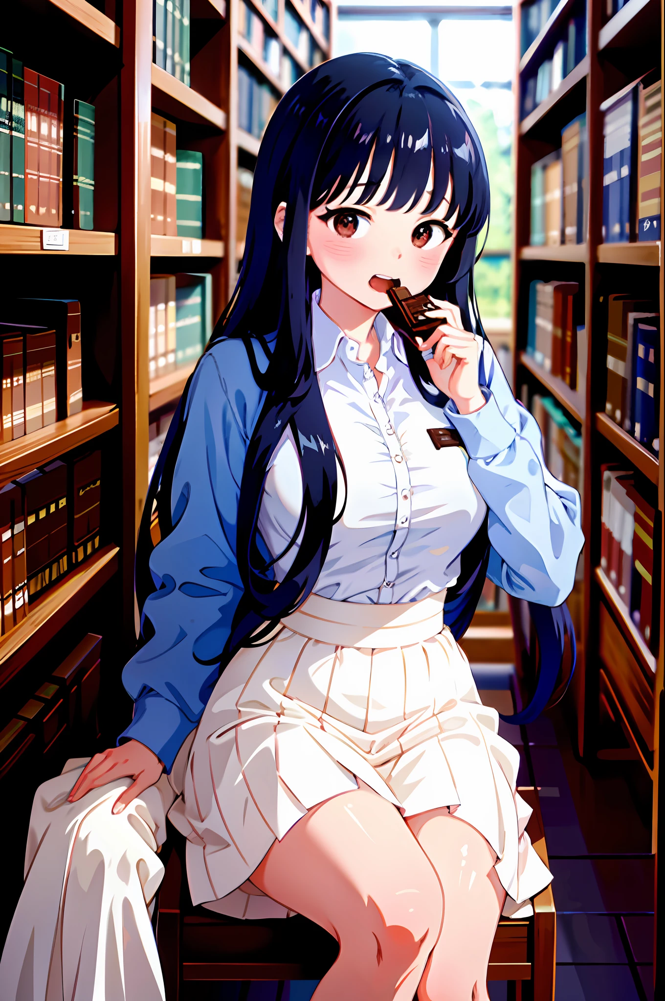 masterpiece, absurdres, ultra-detailed, Yamada Anna, long hair, long sleeves, open clothes, large breasts, school uniform, 1girl, black hair, blue pleated skirt, blazer, blush, white collared shirt, solo, (eating chocolate:1.5), blush, smile, surrounded by food, outdoors, (sitting in library:1.5), open mouth, (masterpiece:1.2), highres, best quality, 8k, very clear,