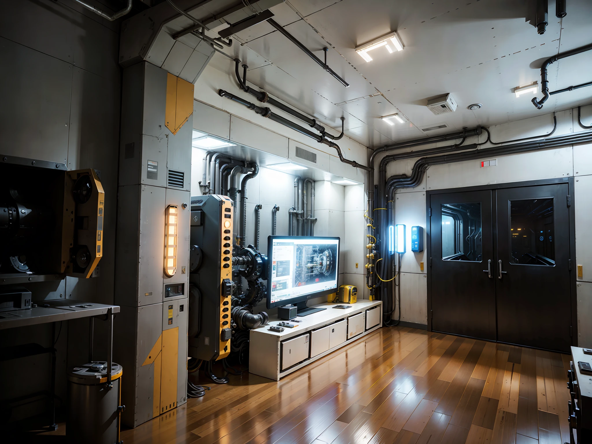 A sci-fi heavy metal room, metal, prominent parts, complex machine structure and parts, vertical and horizontal pipes, metal texture, battle damage, sense of technology, strong contrast lighting, sense of technology, metal floor, background paste, HD, Transformers style, 8K, realism, dark yellow light