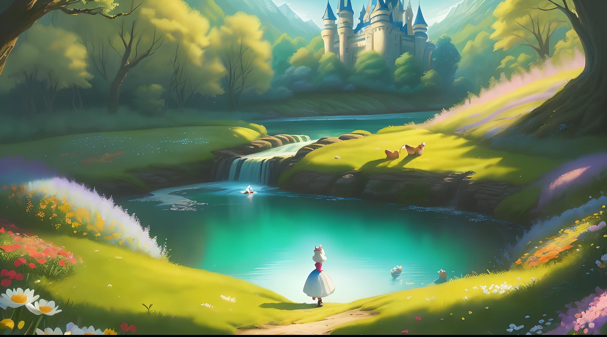 a middle-aged Disney Princess Snow White wearing a crown in the woods with many cute animals near her, dancing first-person view. Many flowers of various colors. A sunny day. with a river and a fairytale castle in the background. Walt Disney cartoon style masterpiece, blonde hair, from above, from below, from side, close-up