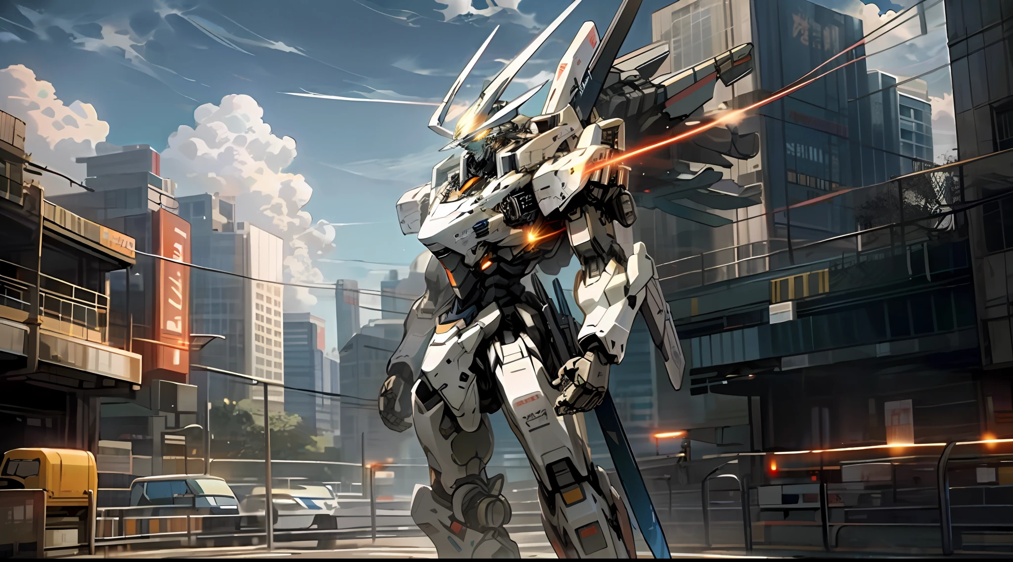 sky, cloud, holding_weapon, no_humans, glowing, , robot, building, glowing_eyes, mecha, science_fiction, city, realistic,mecha