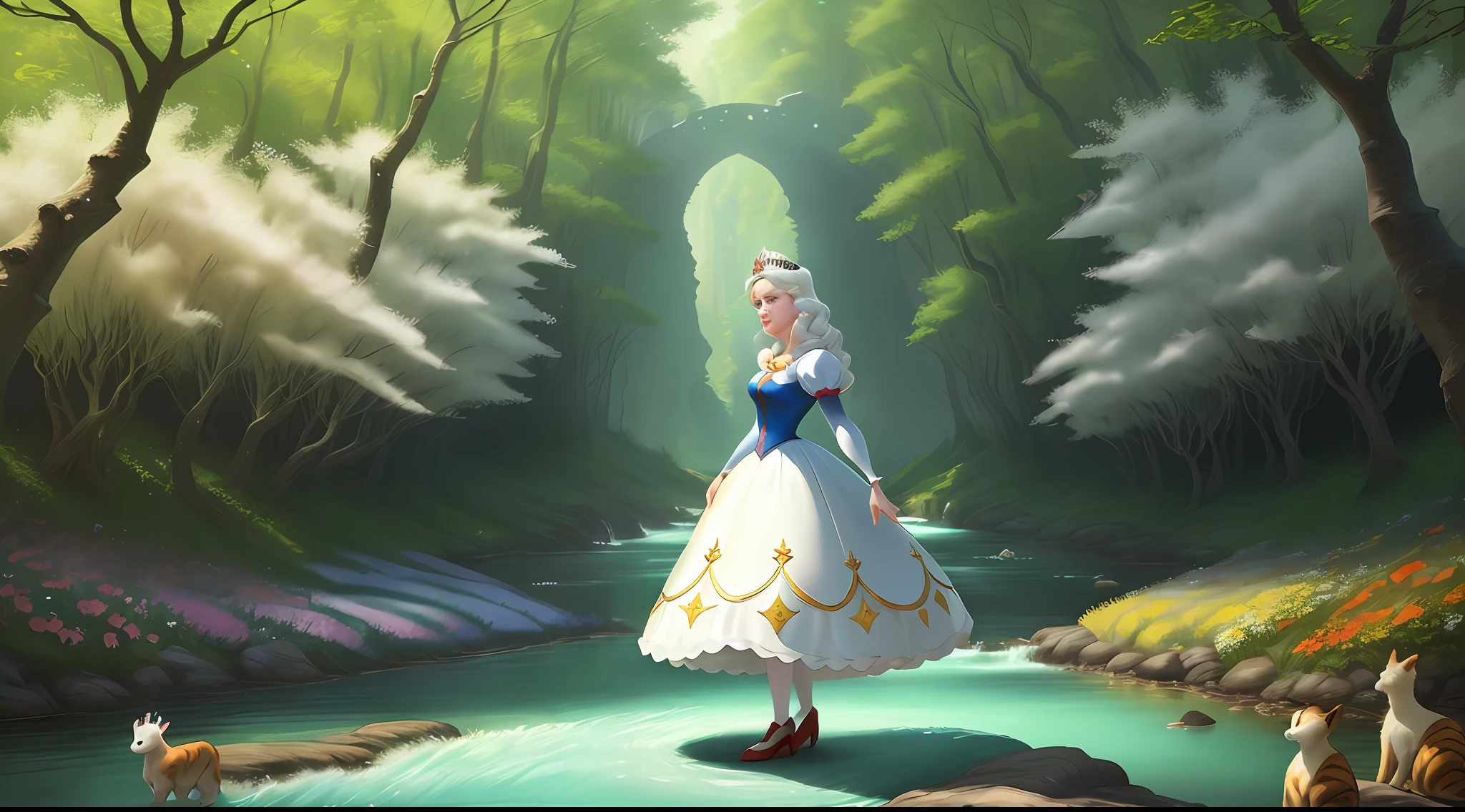 a middle-aged Disney Princess Snow White wearing a crown in the woods with many cute animals near her, dancing first-person view. Many flowers of various colors. A sunny day. with a river and a fairytale castle in the background. Walt Disney cartoon style masterpiece, blonde hair, multiple views