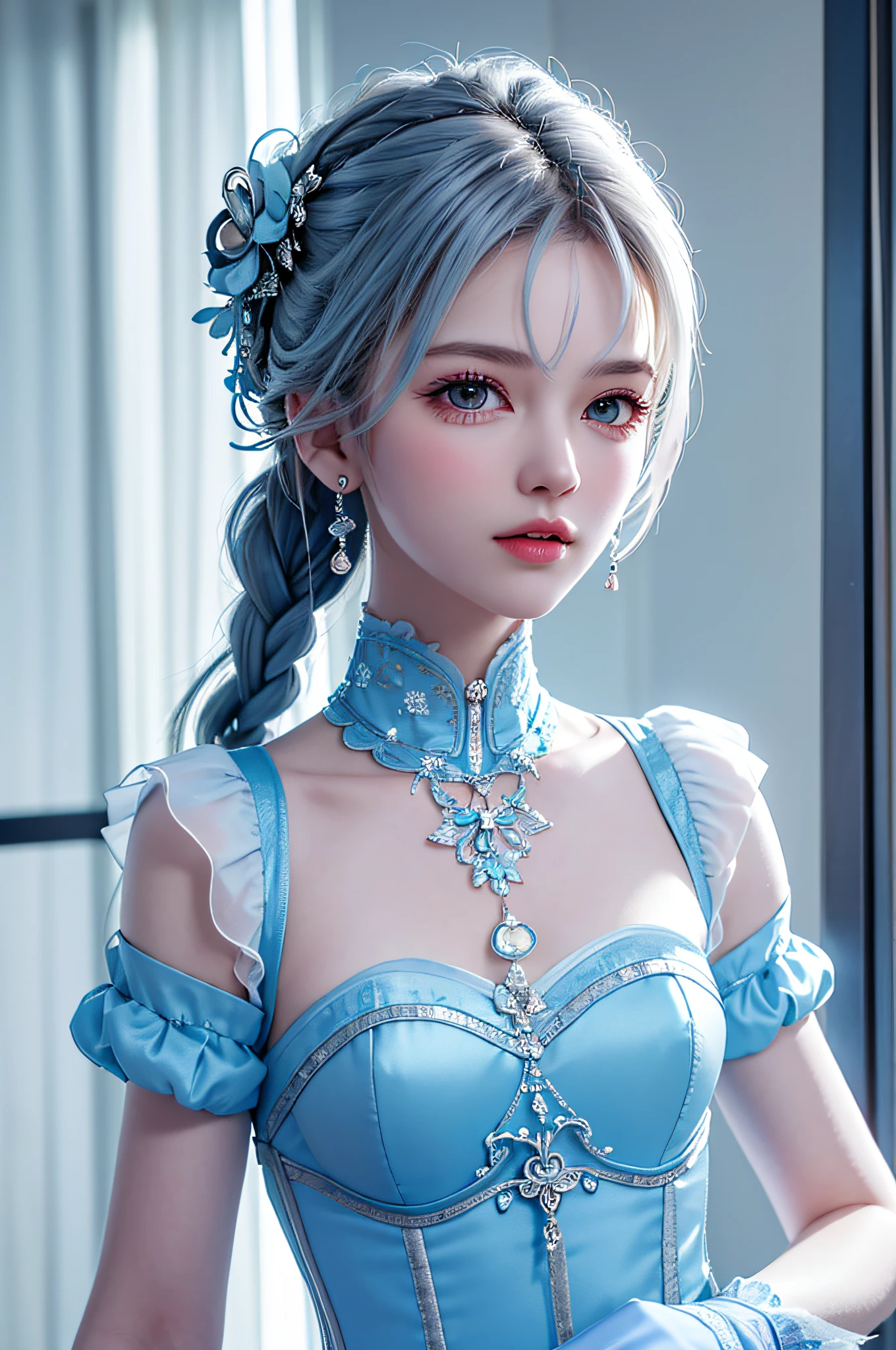 (Top Quality, Masterpiece: 1.2), Ultra High Resolution, Realistic, Front Lighting, Intricate Details, Exquisite Details and Textures, 1 Girl, Solo, (Young), Face Highlights, ((Light Blue Corset Dress)),Upper Body, Detailed Face, Teardrop Moles, Shiny Skin, Silver Hair, Ponytail, Braid Hair, Look Viewer, Big Eyes, Light Blue Corset Dress, Earrings, Small Breasts , slim body, beautiful background (city hotel room: 1.2), windowsill, professional lighting, photon mapping, radiosity, physically based rendering, ((hair bunched up on head)), big, {{{masterpiece, best quality, illustration,game_cg}}}}, sexy, cinematic, beautiful background