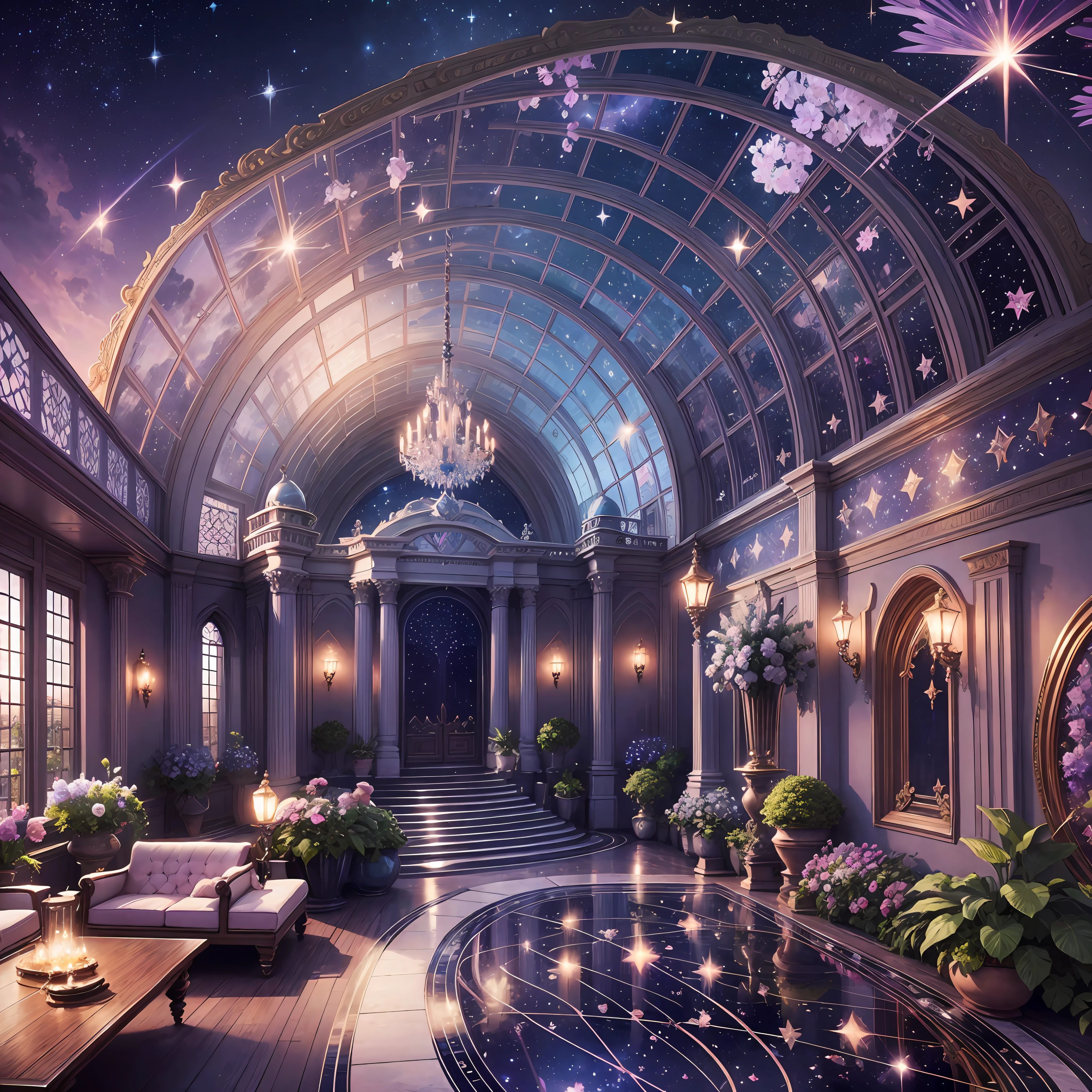 Crystal Palace, Dreamy Sky, Highest Quality, Magic Mirror World, Exotic Flowers and Plants, Stars, Beautiful Starry Sky, Dream House, Official Art, Rich Details --auto --s2