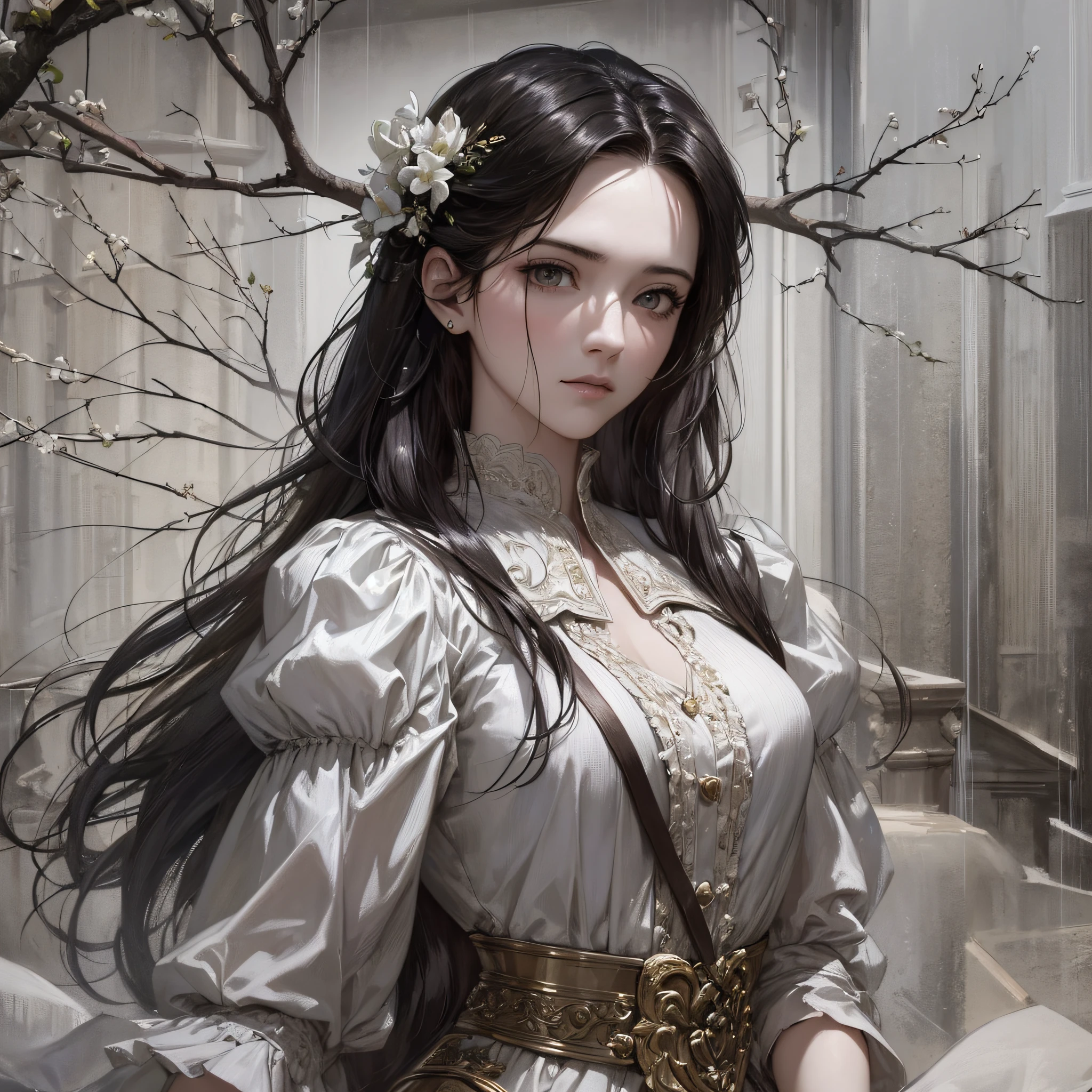 (masterpiece), a highly detailed female character wallpaper in 8K with the best image quality. Beautiful and delicate, standing in the rain where hope and disappointment mix, a high dynamic angle. Upper body, dark eyes, beautiful hair. Dynamic expression shines. --auto --s2