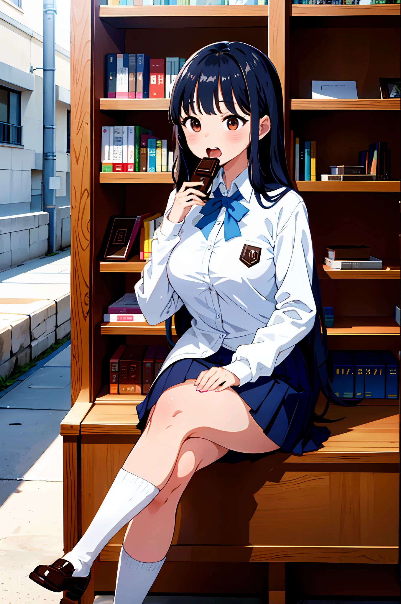 masterpiece, absurdres, ultra-detailed, Yamada Anna, long hair, long sleeves, open clothes, large breasts, school uniform, 1girl, black hair, blue pleated skirt, blazer, blush, white collared shirt, solo, (eating chocolate:1.5), blush, smile, surrounded by food, outdoors, (sitting in library), open mouth, (masterpiece), highres, best quality, 8k, very clear, 9:16,