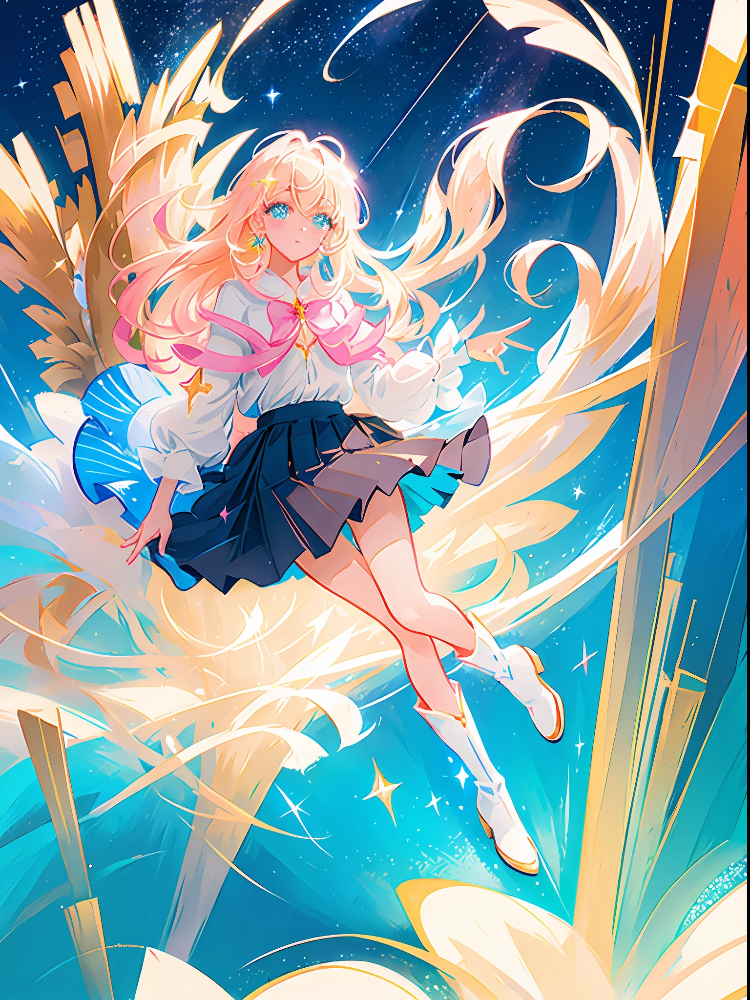 ((magical girl)), ((gorgeous starry sky background)), ((ultra-detailed)), ((best illustration)), ((cinematic lighting)), dynamic angle, floating, finely detailed, (glitter:1.2), (sparkle:1.2), (shine:1.2), classic, (painting:1.1), (sketch:1.1), (best quality), (masterpiece:1.2), (anime style), (solo), beautiful detailed face, (cute face:1.3), (big eyes:1.3), colorful hair, (long hair:1.2), (floating hair:1.2), (magical girl outfit), detailed outfit, (sparkling wand:1.3), (magical effects:1.3), (flowing skirt:1.2), (cute boots:1.1), (transparent fabric:1.1), (twinkle:1.2), (glow:1.2), (radiance:1.2), (flicker:1.2), (dazzle:1.2)