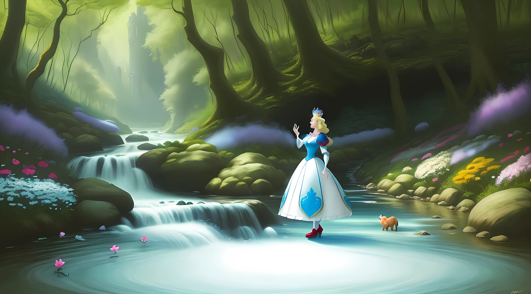 a middle-aged Disney Princess Snow White wearing a crown in the woods with many cute animals near her, dancing first-person view. Many flowers of various colors. A sunny day. with a river and a fairytale castle in the background. Walt Disney cartoon style masterpiece, blonde hair, multiple views, high contrast