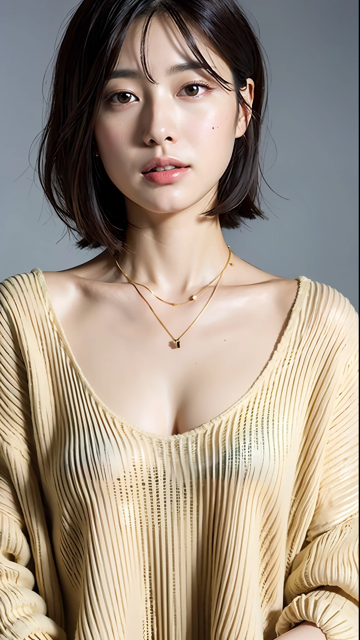 (Best quality, 8k, 32k, Masterpiece, UHD:1.2),Photo of Pretty Japanese woman, large breasts, very short bob hair,upper body,(oversized_sweater,:1.1) necklace, simple background, looking at around