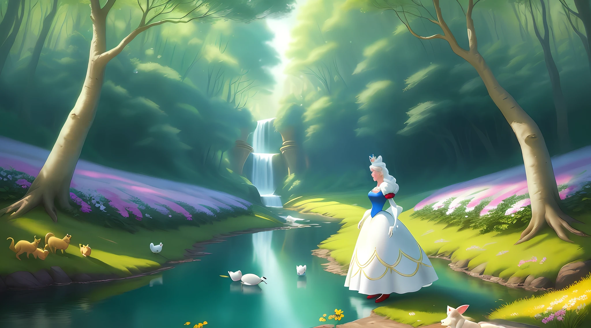 a middle-aged Disney Princess Snow White wearing a crown in the woods with many cute animals near her, dancing first-person view. Many flowers of various colors. A sunny day. with a river and a fairytale castle in the background. Walt Disney cartoon style masterpiece, blonde hair, multiple views, high contrast