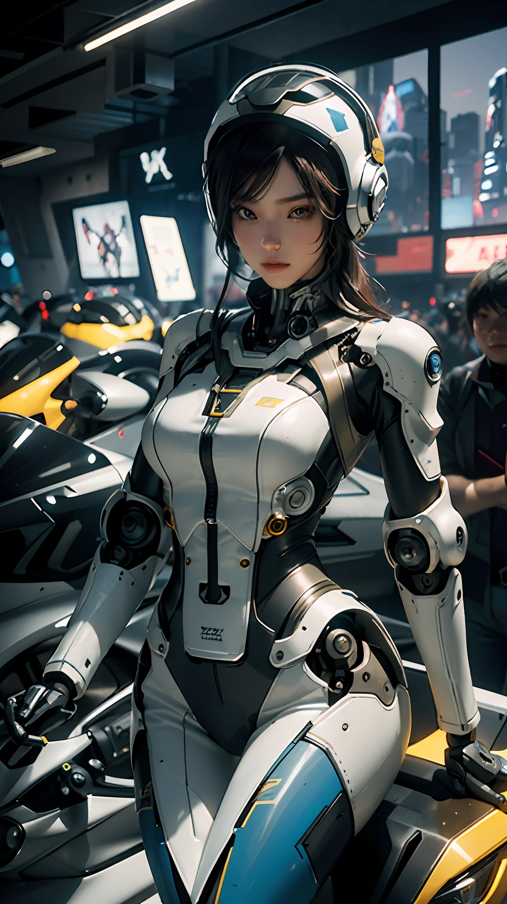 Highest quality, outstanding detail, super high resolution, (fidelity: 1.4), best illustration, favor details, complex 3d rendering very detailed beautiful ceramic silhouette female robot face, robot, robot parts, with a delicate and beautiful face, dressed in cool mecha, wearing a mecha helmet, holding a direction controller, riding on a yellow motorcycle, in the background is a high-tech lighting city highway scene of the future city, movie lighting,