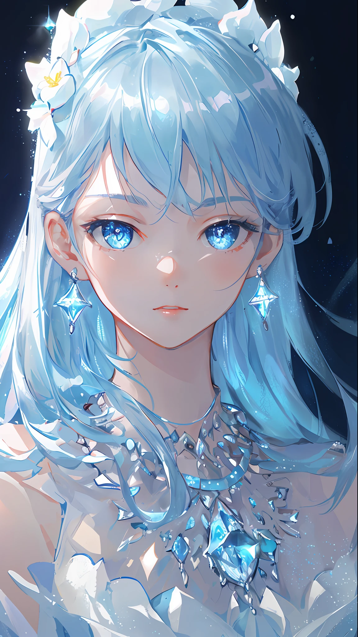 masterpiece, best quality, illustration, sax blue, platinum earrings, platinum necklace, white dress, 1girl, cute, (dynamic lighting:1.2), cinematic lighting, delicate facial features, detailed eyes, sharp pupils, realistic pupils, depth of field, bokeh, sharp focus, (hyper-detailed, bloom, glow:1.4), many small gems