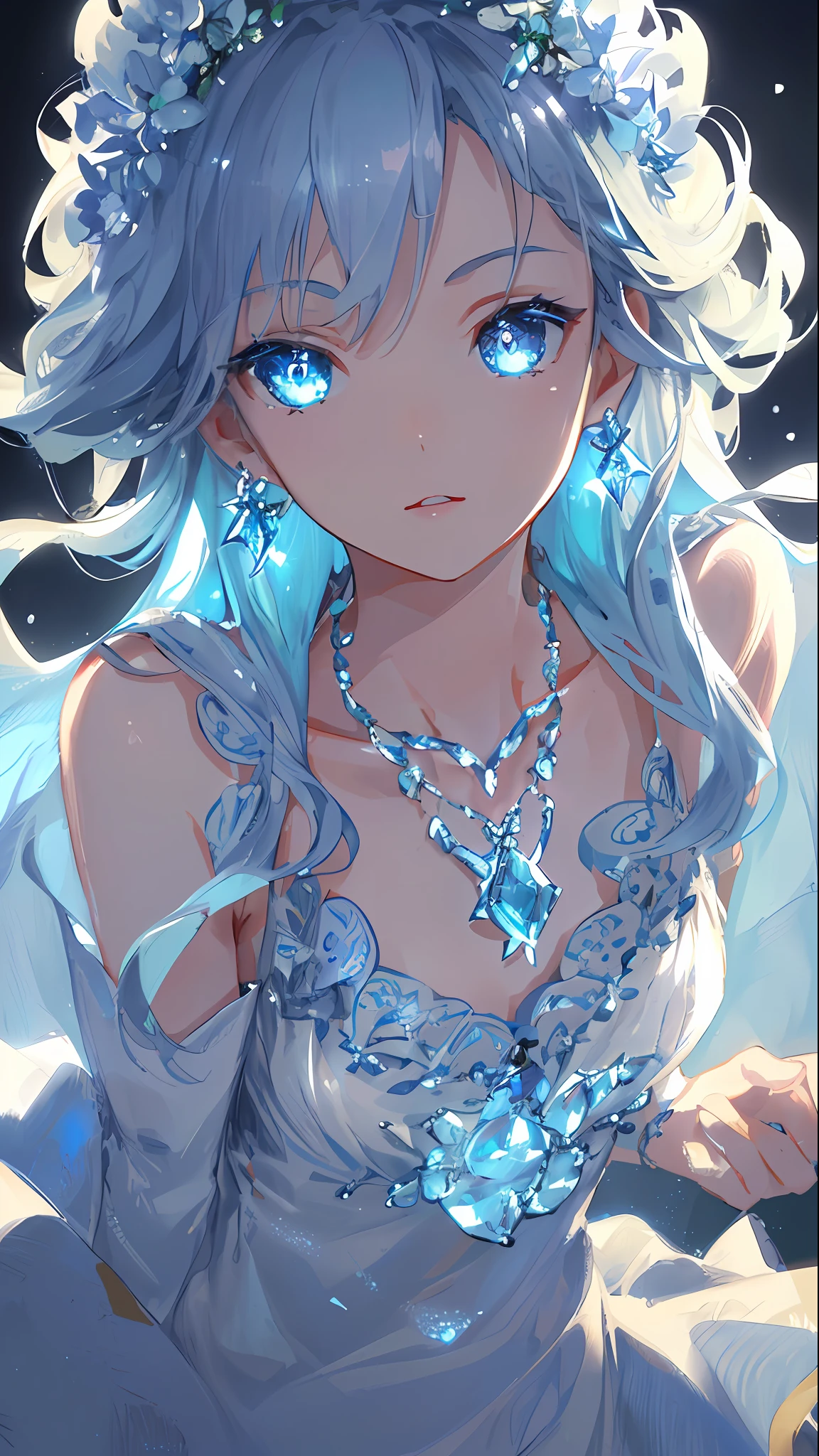 masterpiece, best quality, illustration, sax blue, platinum earrings, platinum necklace, white dress, 1girl, cute, (dynamic lighting:1.2), cinematic lighting, delicate facial features, detailed eyes, sharp pupils, realistic pupils, depth of field, bokeh, sharp focus, (hyper-detailed, bloom, glow:1.4), many small gems