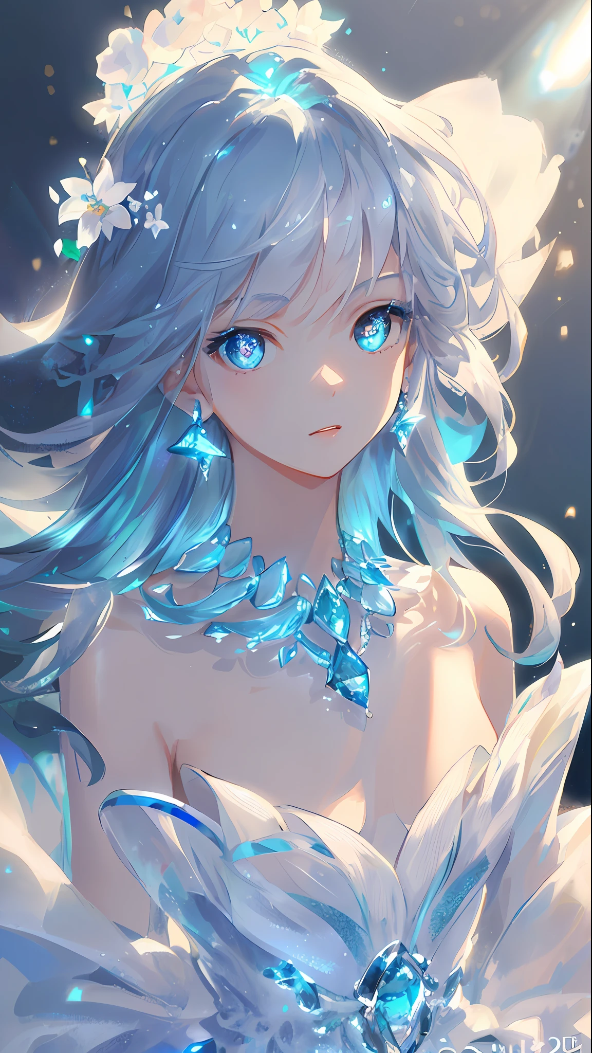 masterpiece, best quality, illustration, sax blue, platinum earrings, platinum necklace, white dress, 1girl, cute, (dynamic lighting:1.2), cinematic lighting, delicate facial features, detailed eyes, sharp pupils, realistic pupils, depth of field, bokeh, sharp focus, (hyper-detailed, bloom, glow:1.4), many small gems