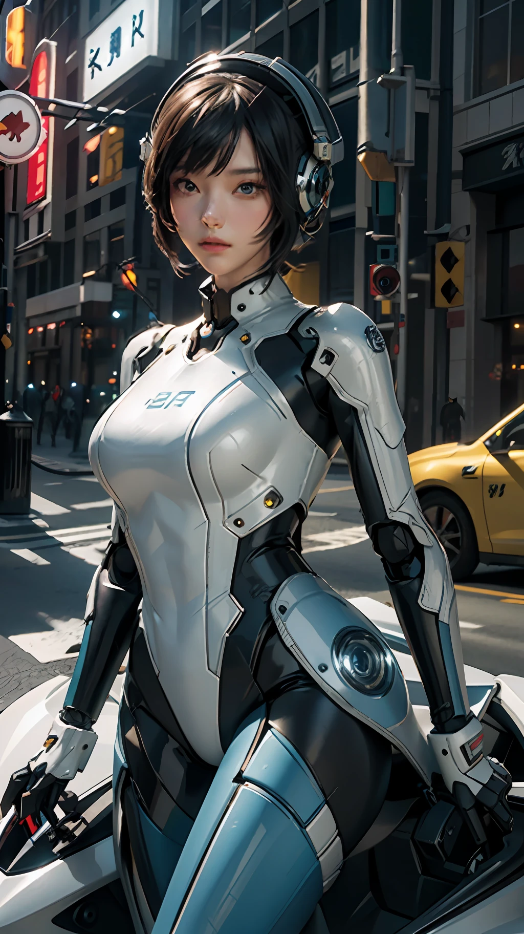 Highest quality, outstanding detail, super high resolution, (fidelity: 1.4), best illustration, favor details, complex 3d rendering very detailed beautiful ceramic silhouette female robot face, robot, robot parts, with a delicate and beautiful face, dressed in cool mecha, wearing a mecha helmet, holding a direction controller, riding on a yellow motorcycle, in the background is a high-tech lighting city highway scene of the future city, movie lighting,