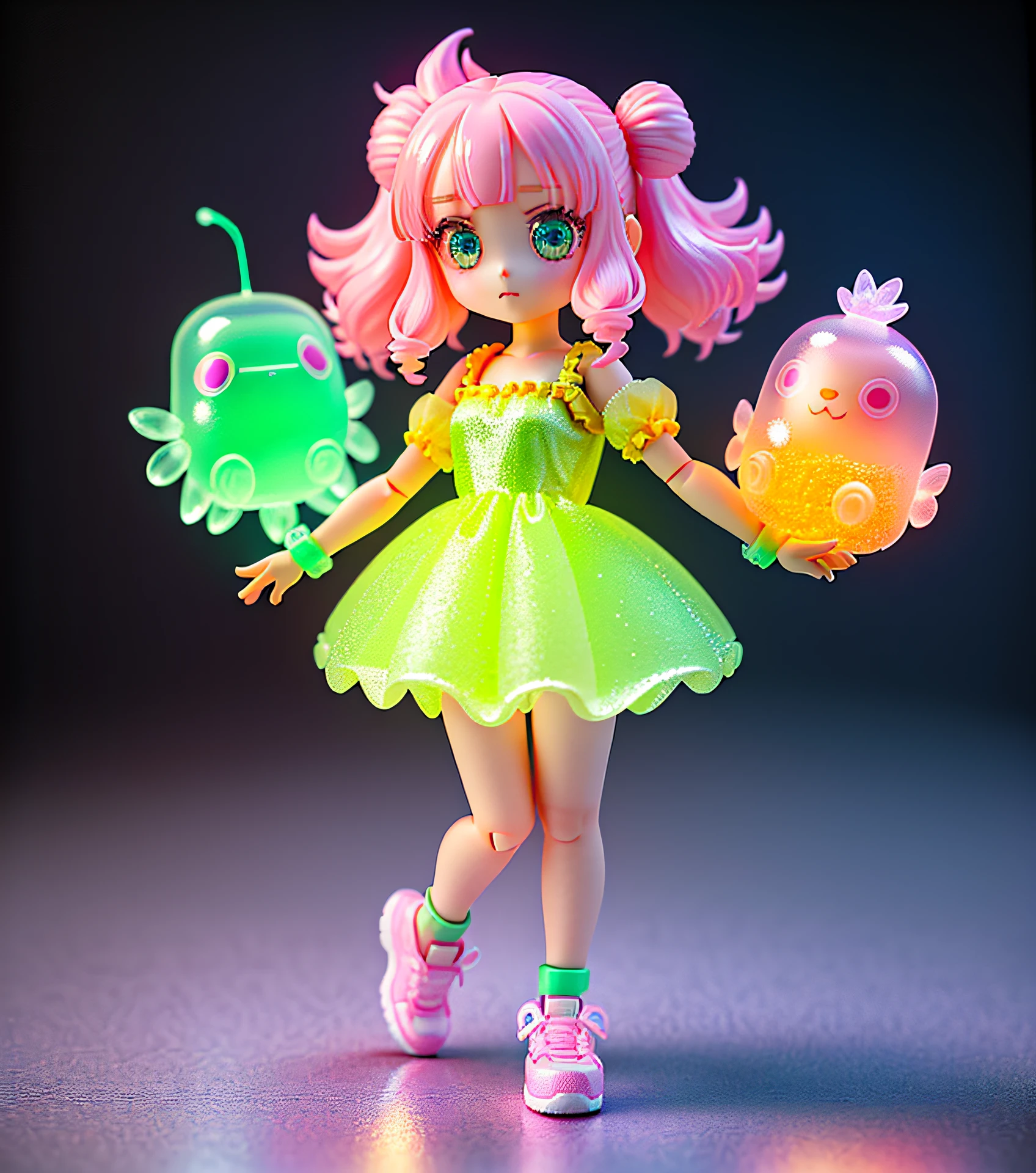 3D toy girl,(full Buddy),exaggerated hair,3d hair,beautiful eyes,big eyes with pink-green gradient,POP mart,,chibi,fluorescent translucent,glow body, kawaii, bauhaus, colorful, plastic, transparent, product design, glowing jelly, cute and cute plastic mechanical part, awesome Lighting, 3d, digital art, translucent plastic bubblegum, close up, 3d, super detailed, borderless, C4D, Octane render, Blender, HD, full body, simple background! ! !