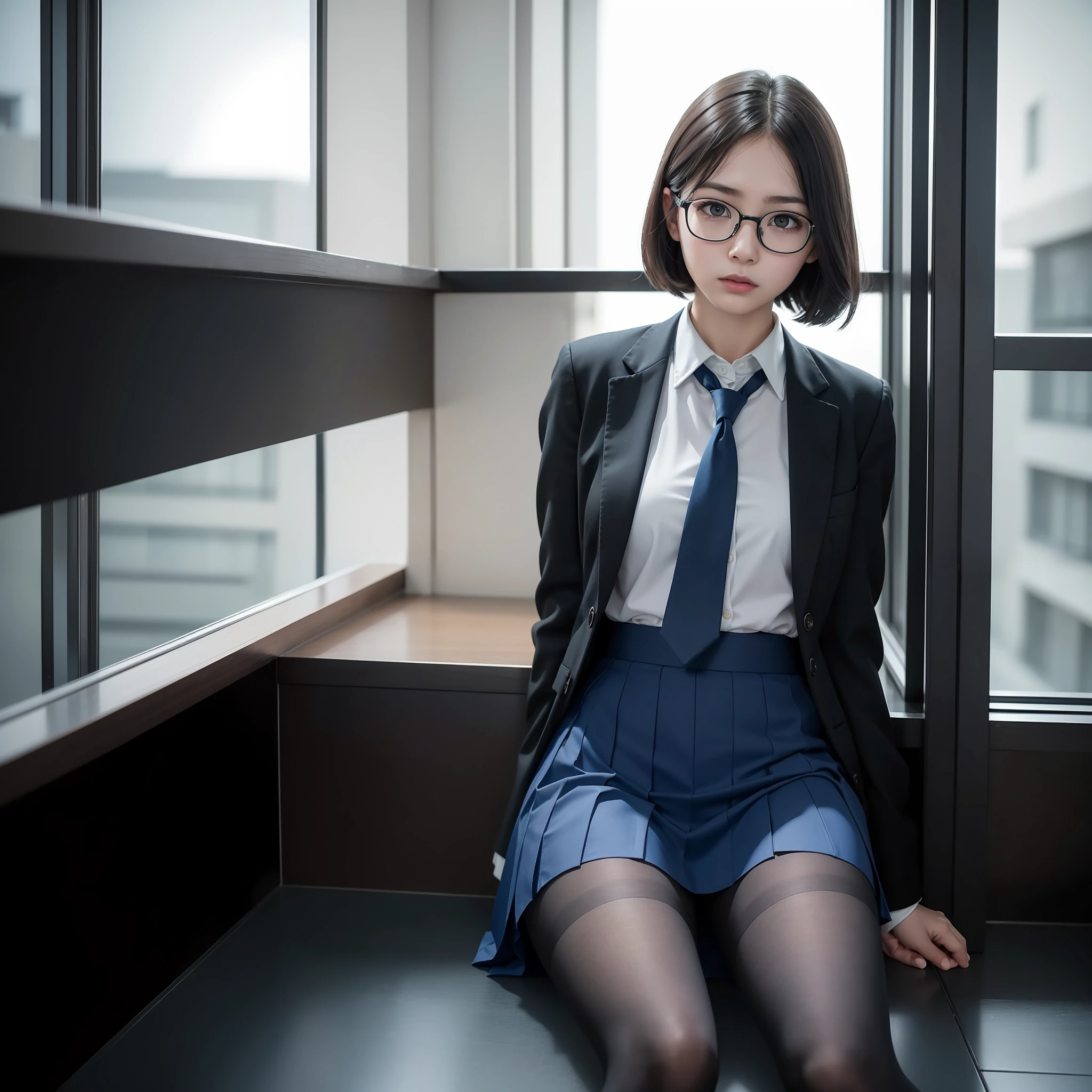 Raw photo, Candid, Narrow eyes, black pantyhose, textured skin, 1 girl, solo, full body, blue tie, (medium hair: 1.2), pale skin, Japan person, glasses, small, young, tall, dark expression, bright black eyes, anger, school uniform, blue and light blue checked skirt, slender body, medium build, small waist, wide thighs, photorealistic, best quality, 8k, masterpiece
